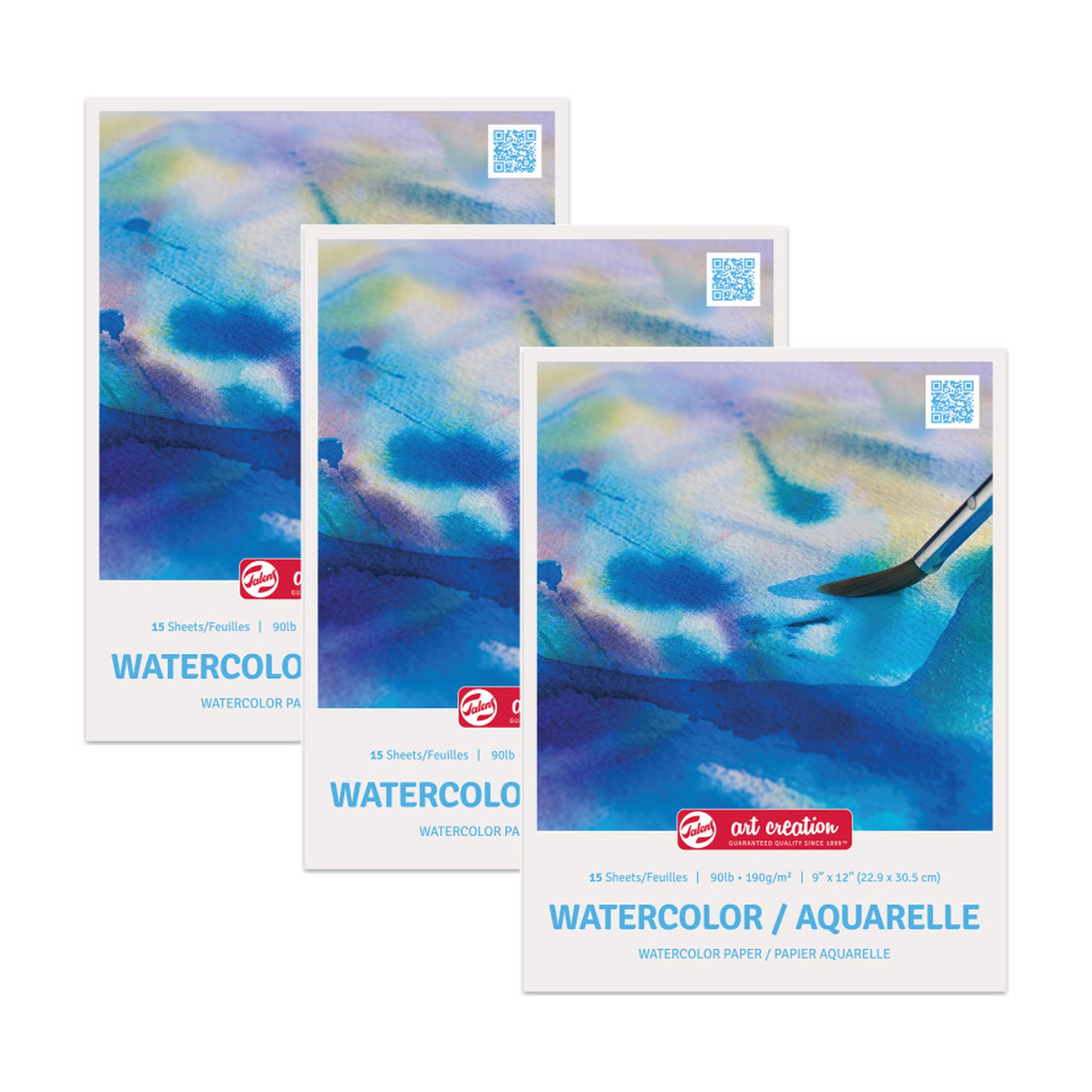 Cold Press Watercolor Paper Pads, 90 lb., 9 x 12, White, 15 Sheets, Pack of 3