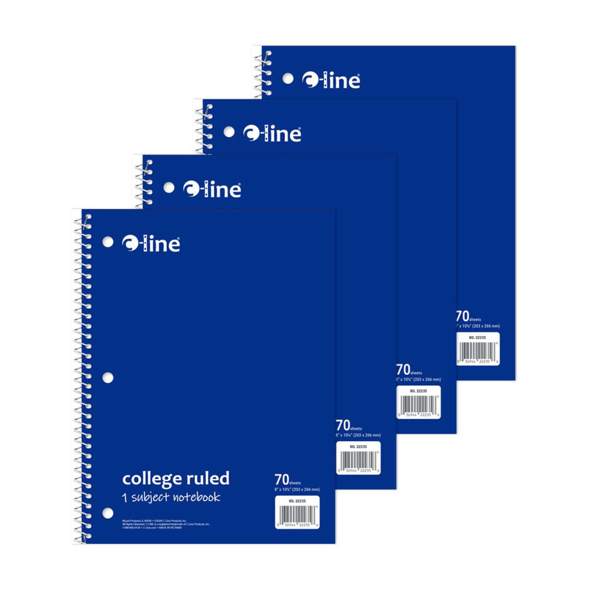 College-Ruled 1-Subject Spiral Notebooks, Blue, 70 Sheets, 4-Pack