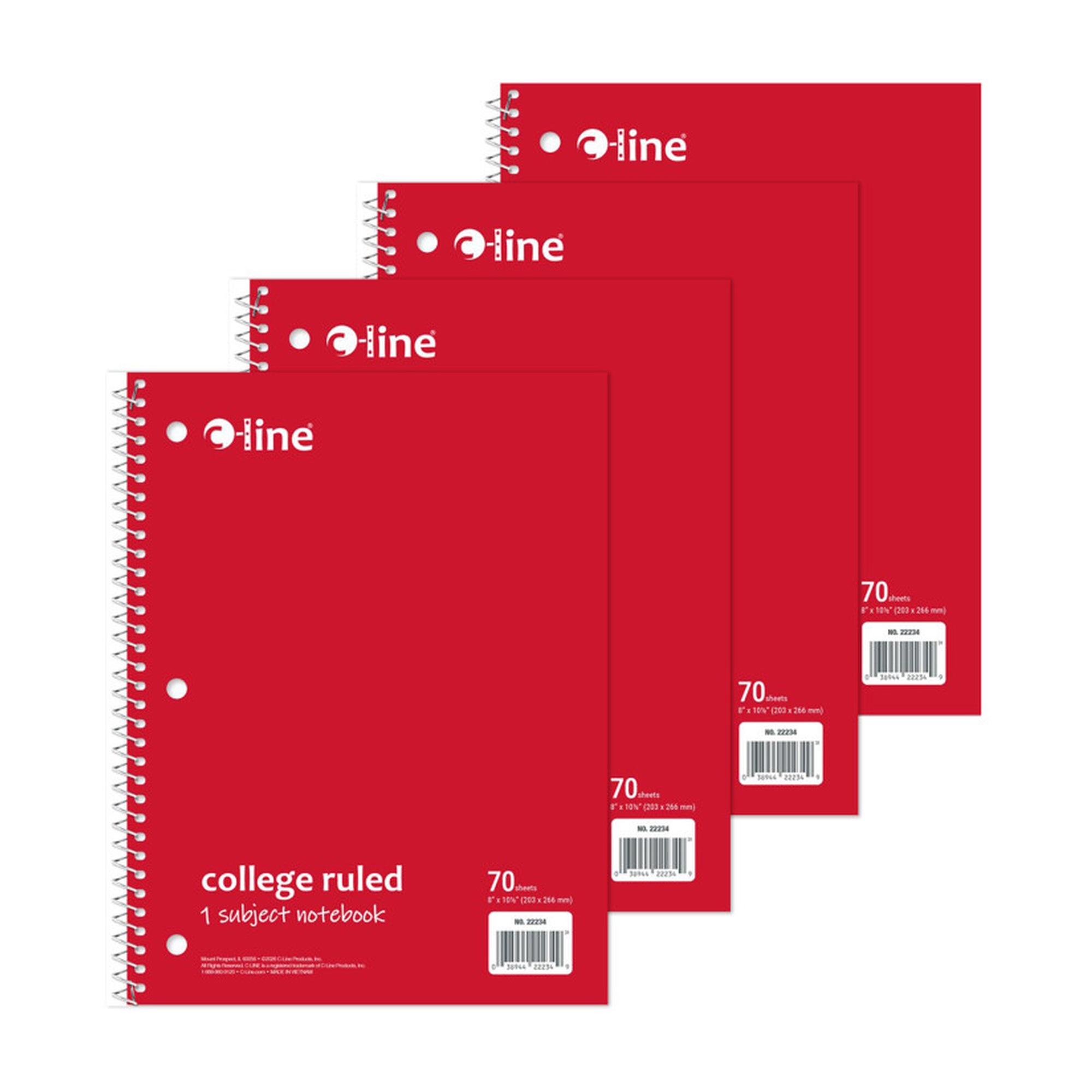Red College-Ruled One-Subject Spiral Notebooks, 70 Sheets, 4-Pack