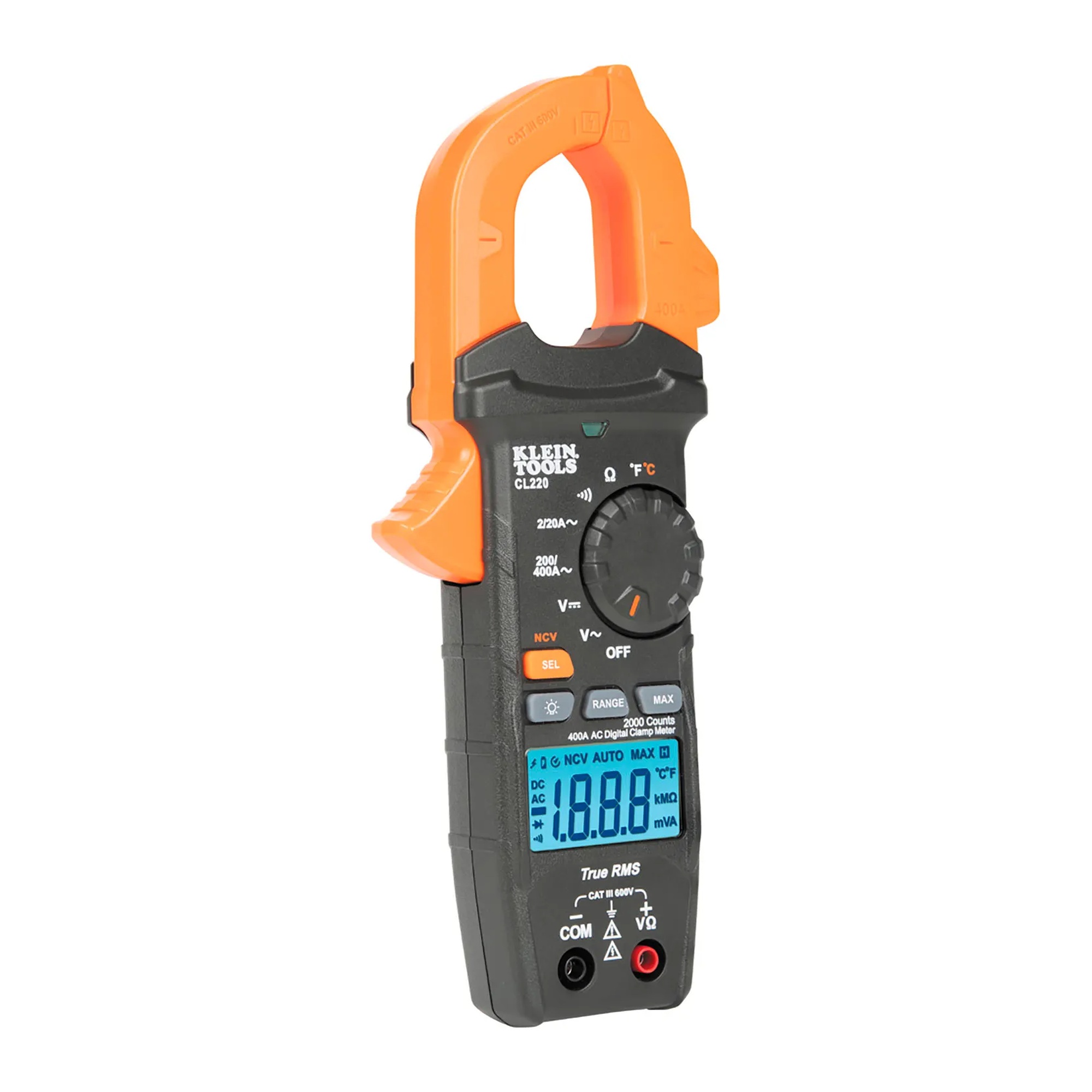 Digital clamp meter with clamp jaw and backlit display