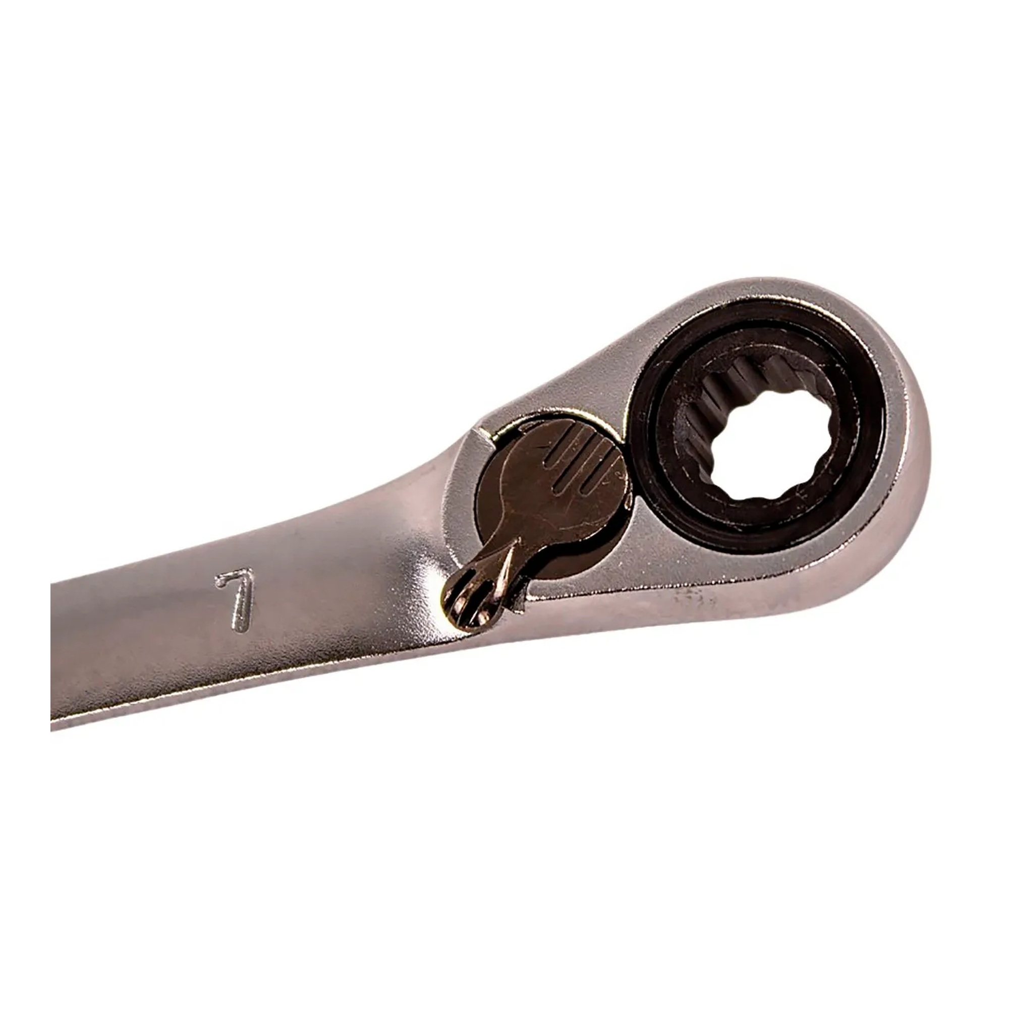 Silver 14 mm reversible ratcheting combination wrench with open end and 12-point box end