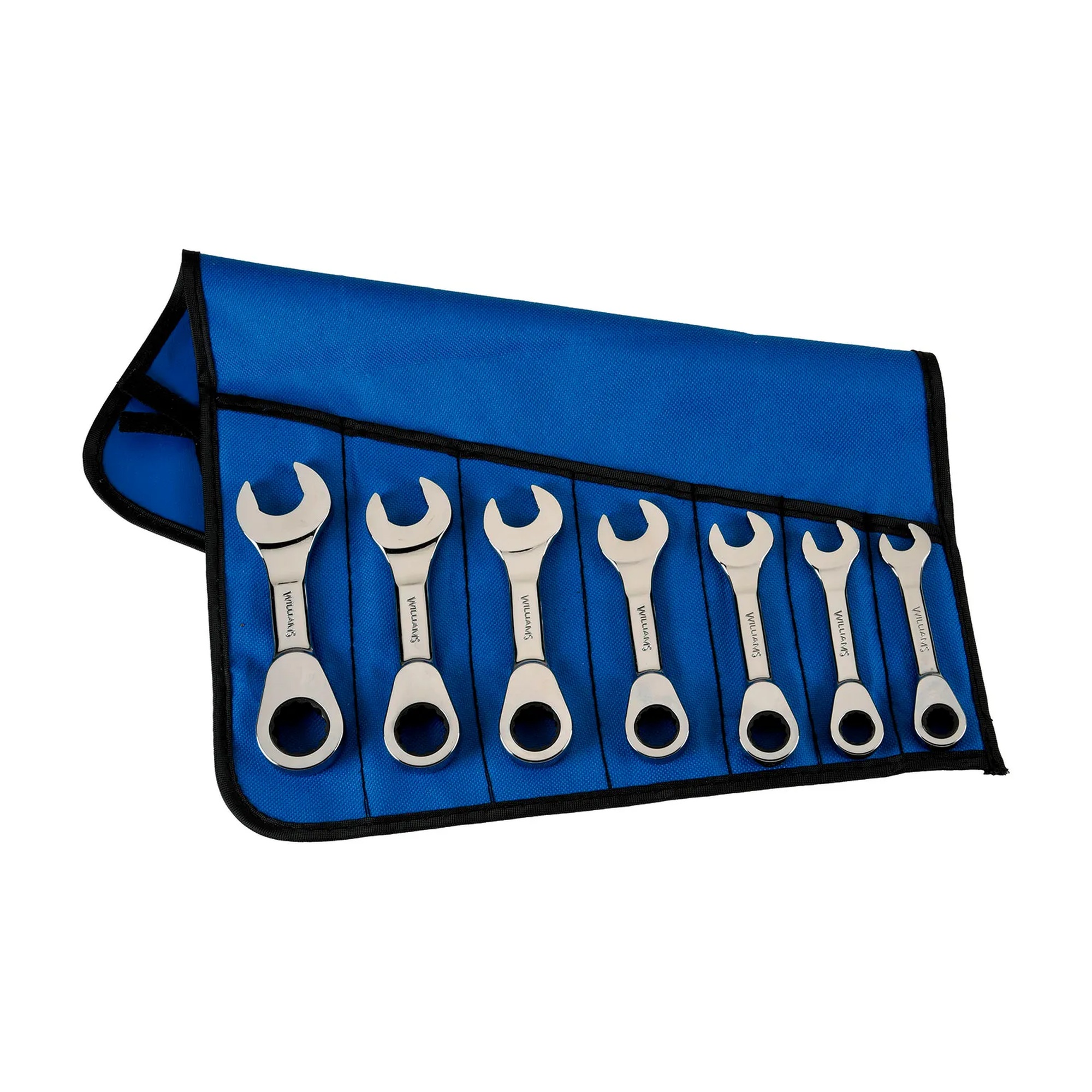 7-piece chrome stubby ratcheting combination wrench set with 3/8 to 3/4 inch sizes