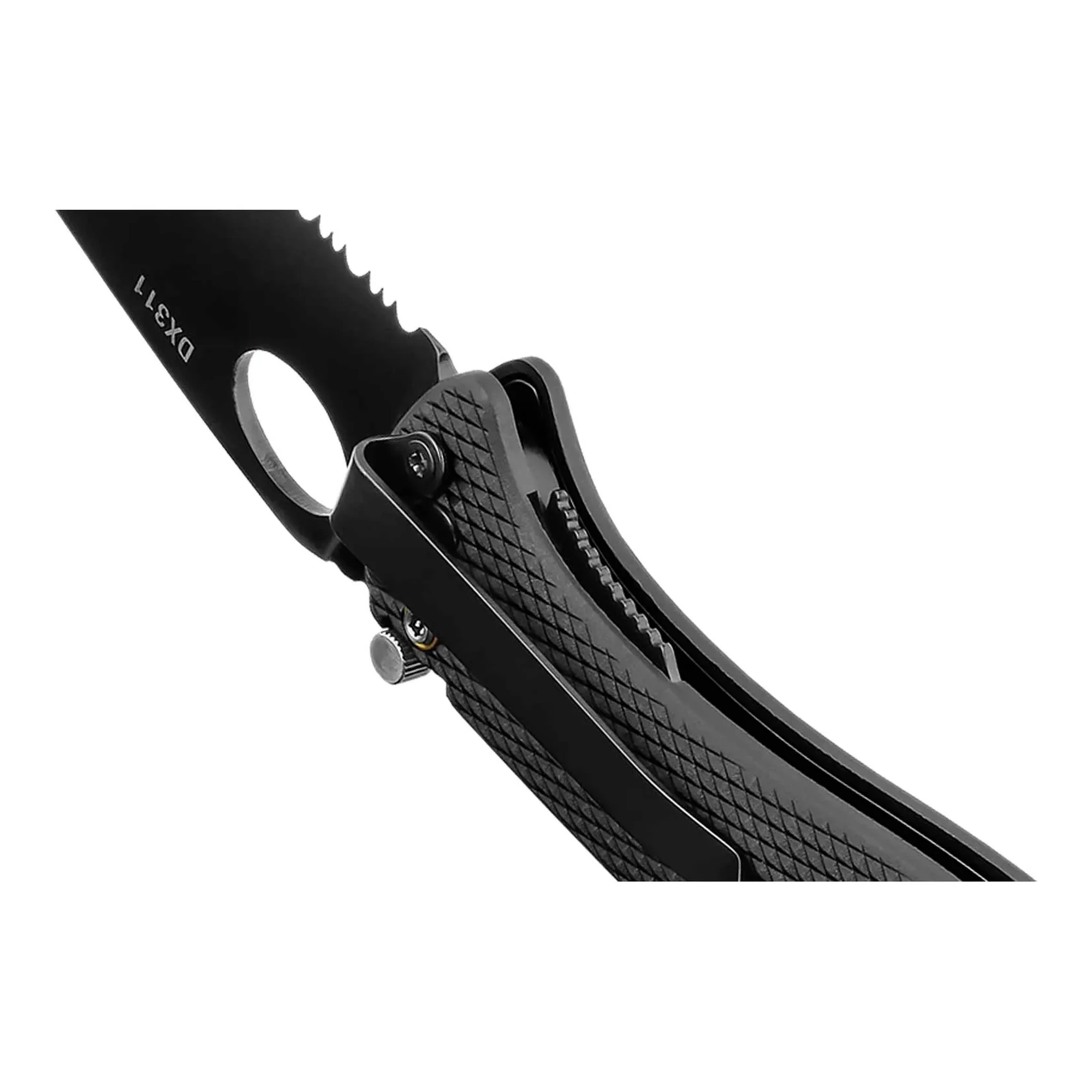 Black folding knife with partially serrated stainless steel blade and nylon handle