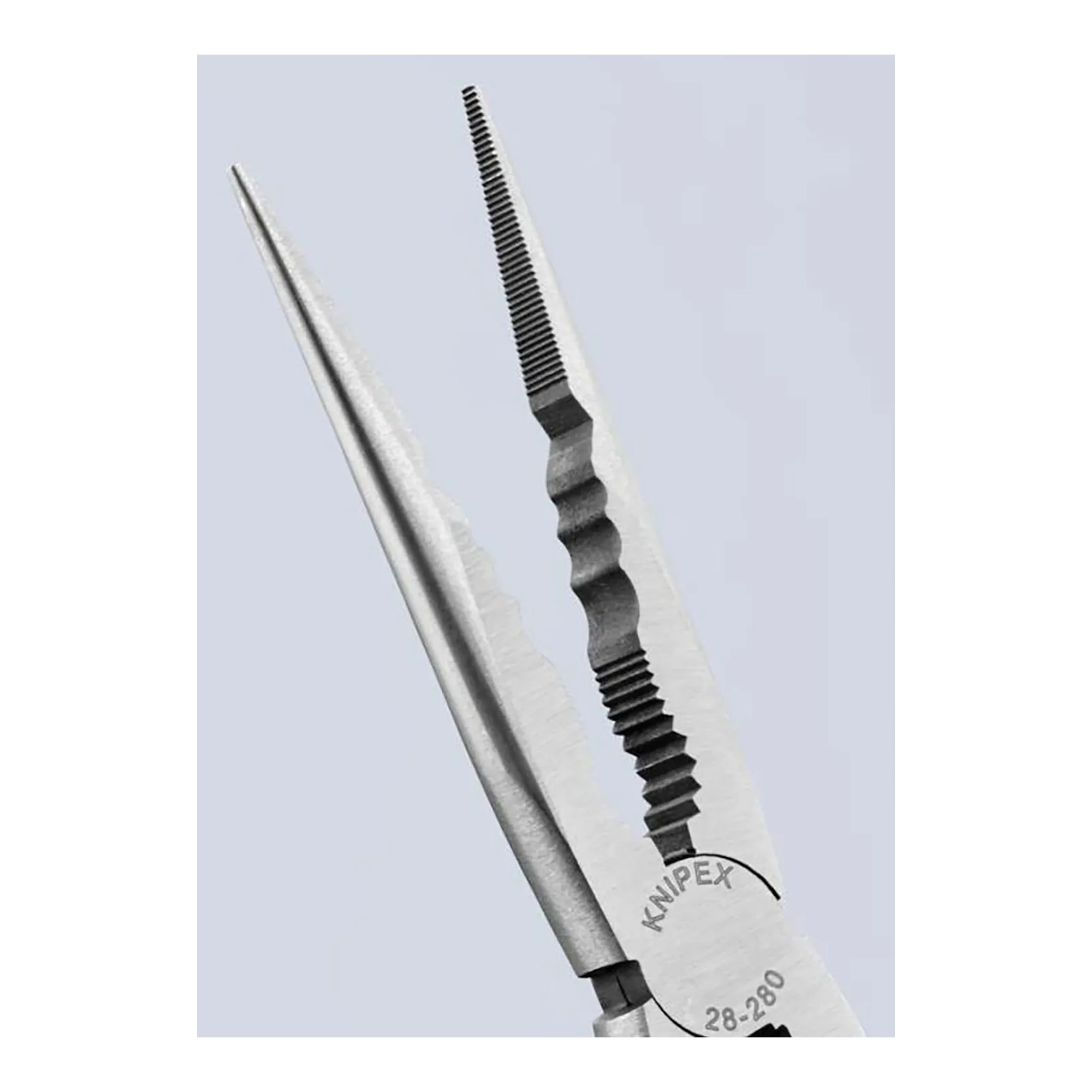 Extra-long needle nose pliers with straight and 45-degree angled jaws and keeper pouch