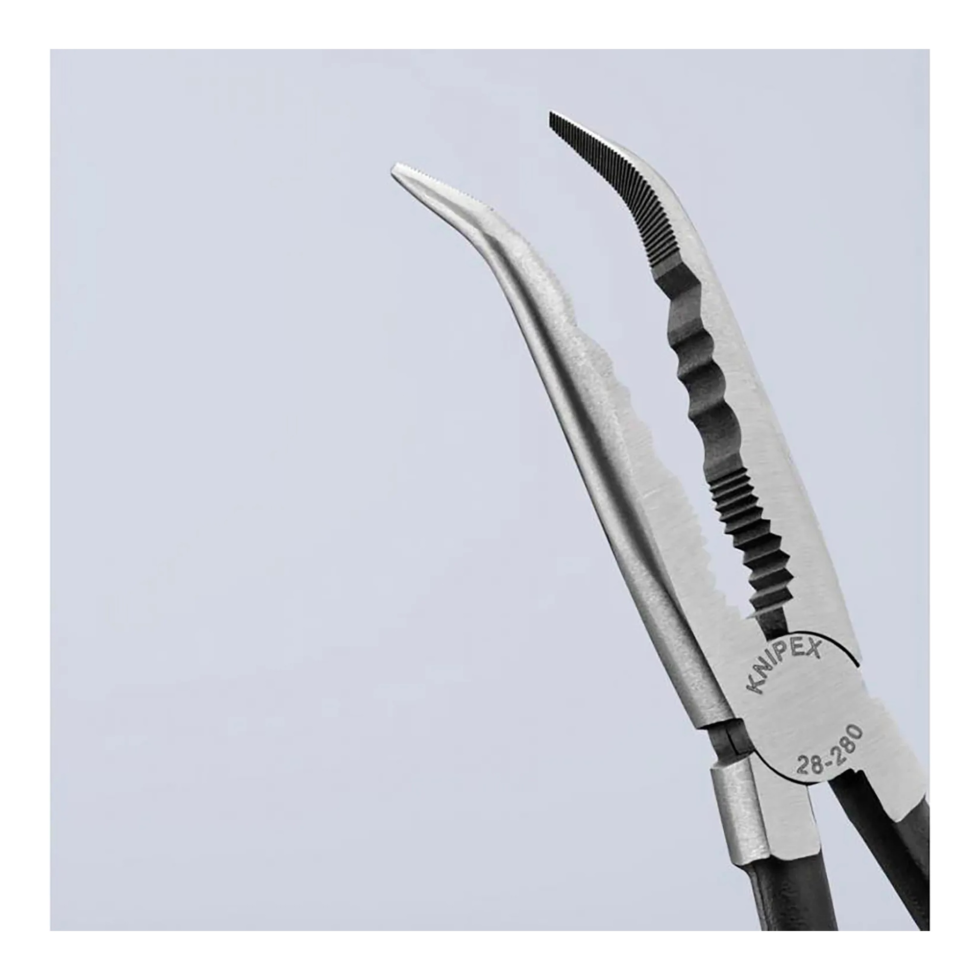 Extra-long needle nose pliers with straight and 45-degree angled jaws and keeper pouch