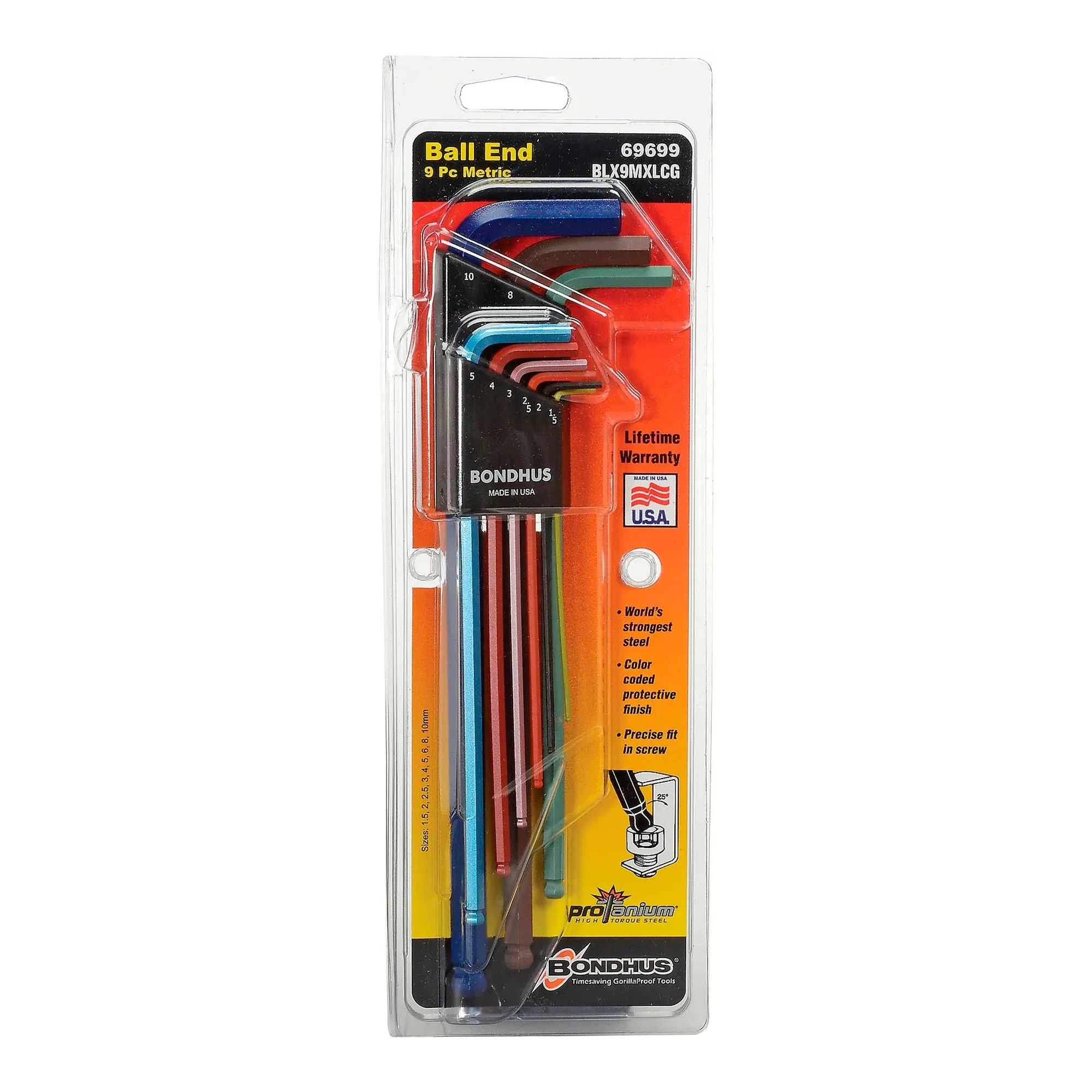 9-Piece Color-Coded Ball-End L-Wrench Set, Extra-Long Arms, 1.5-10 mm