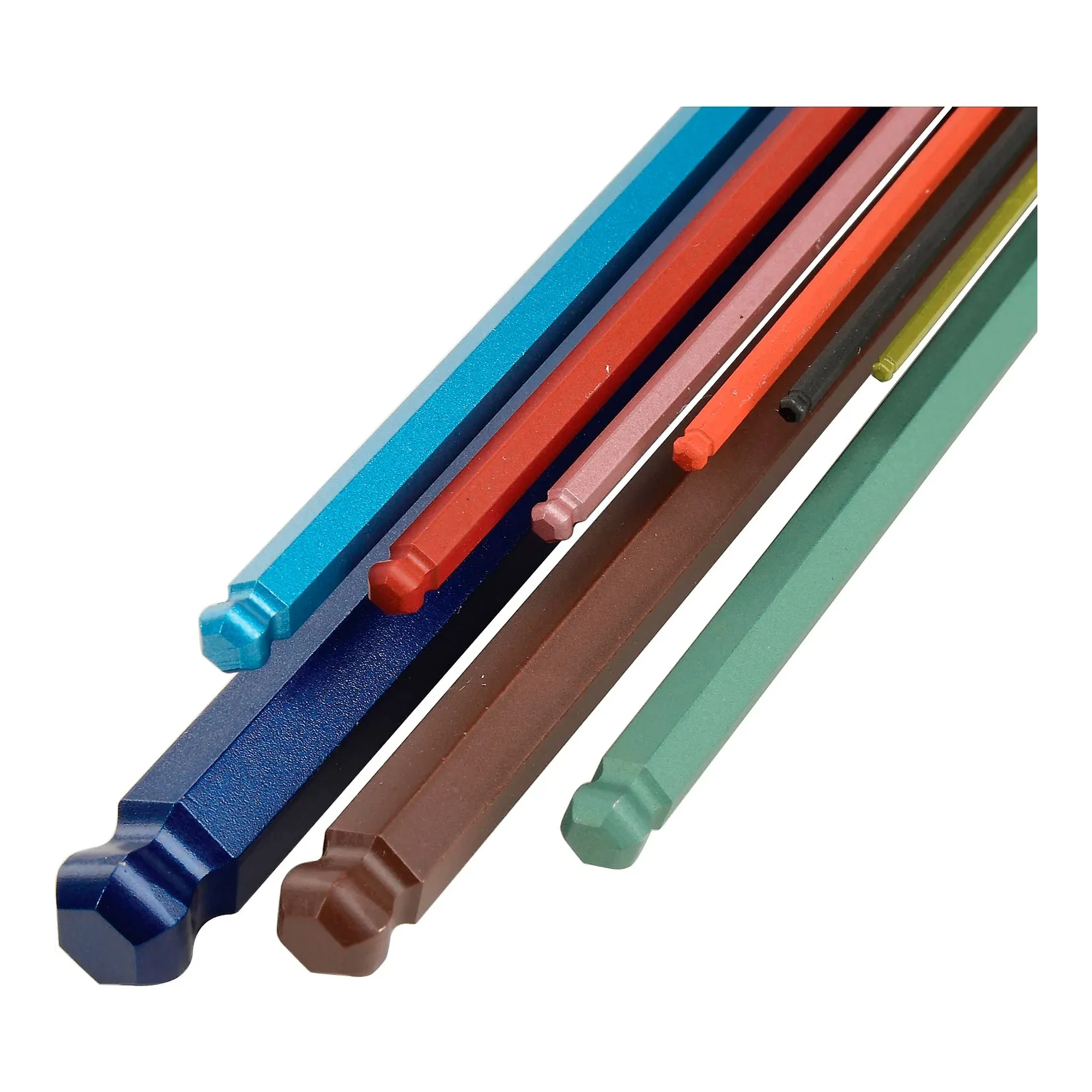 Color-coded 9-piece ball-end L-wrench set with extra-long arms