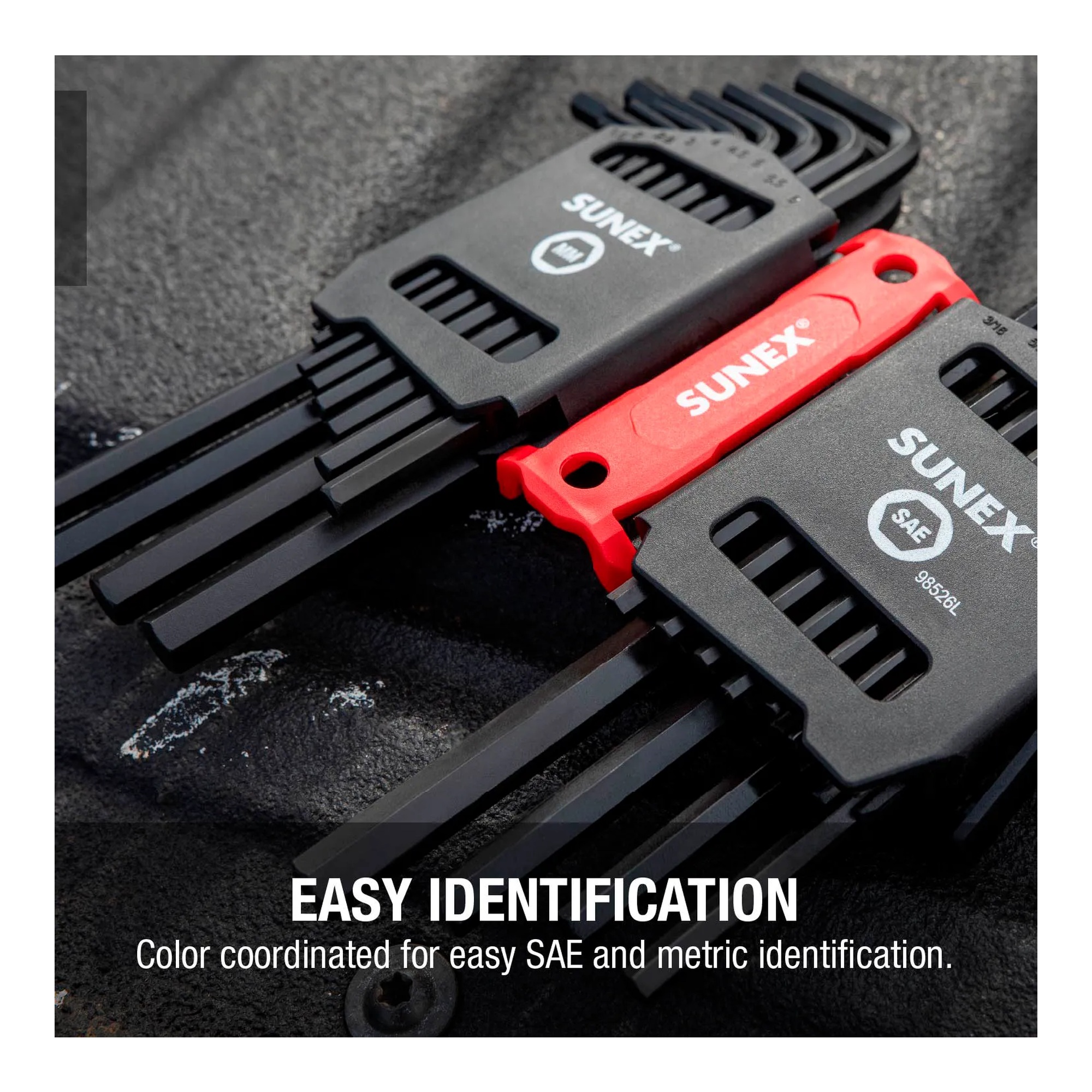 Long-arm SAE and metric hex key set with color-coded storage caddy