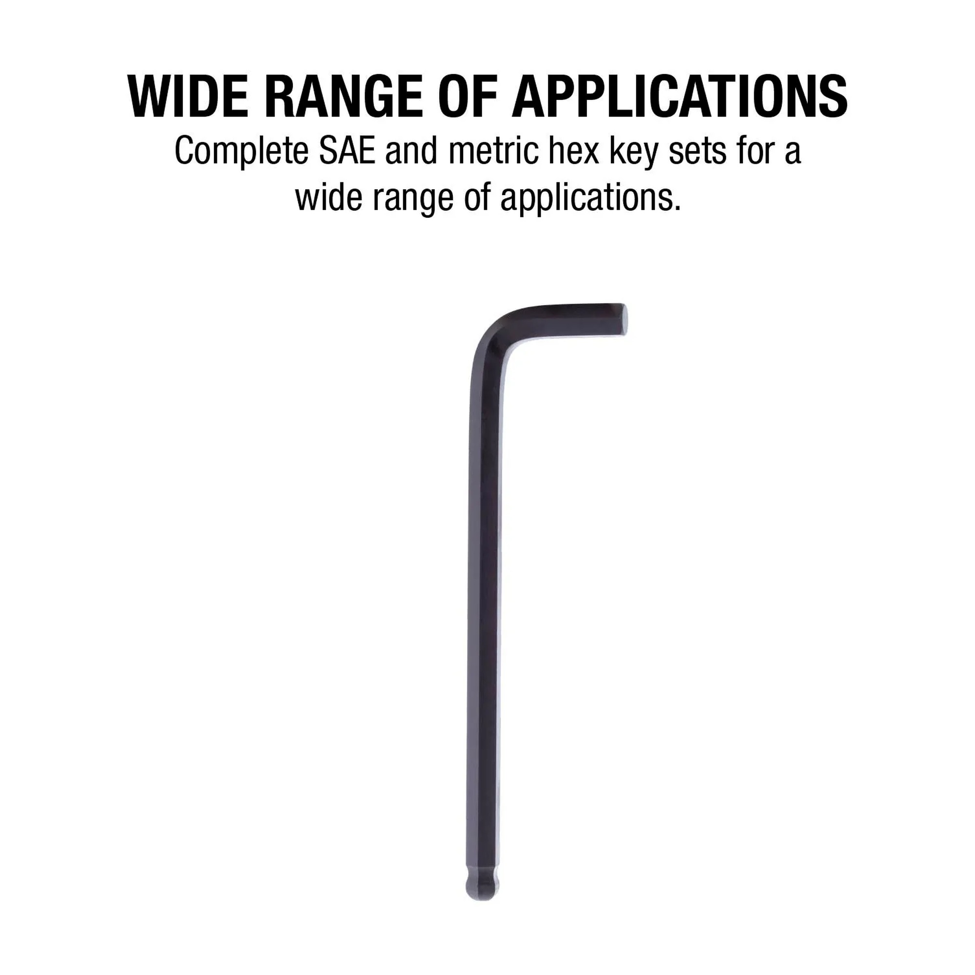 SAE and metric ball-end long-arm hex key set in a color-coded caddy