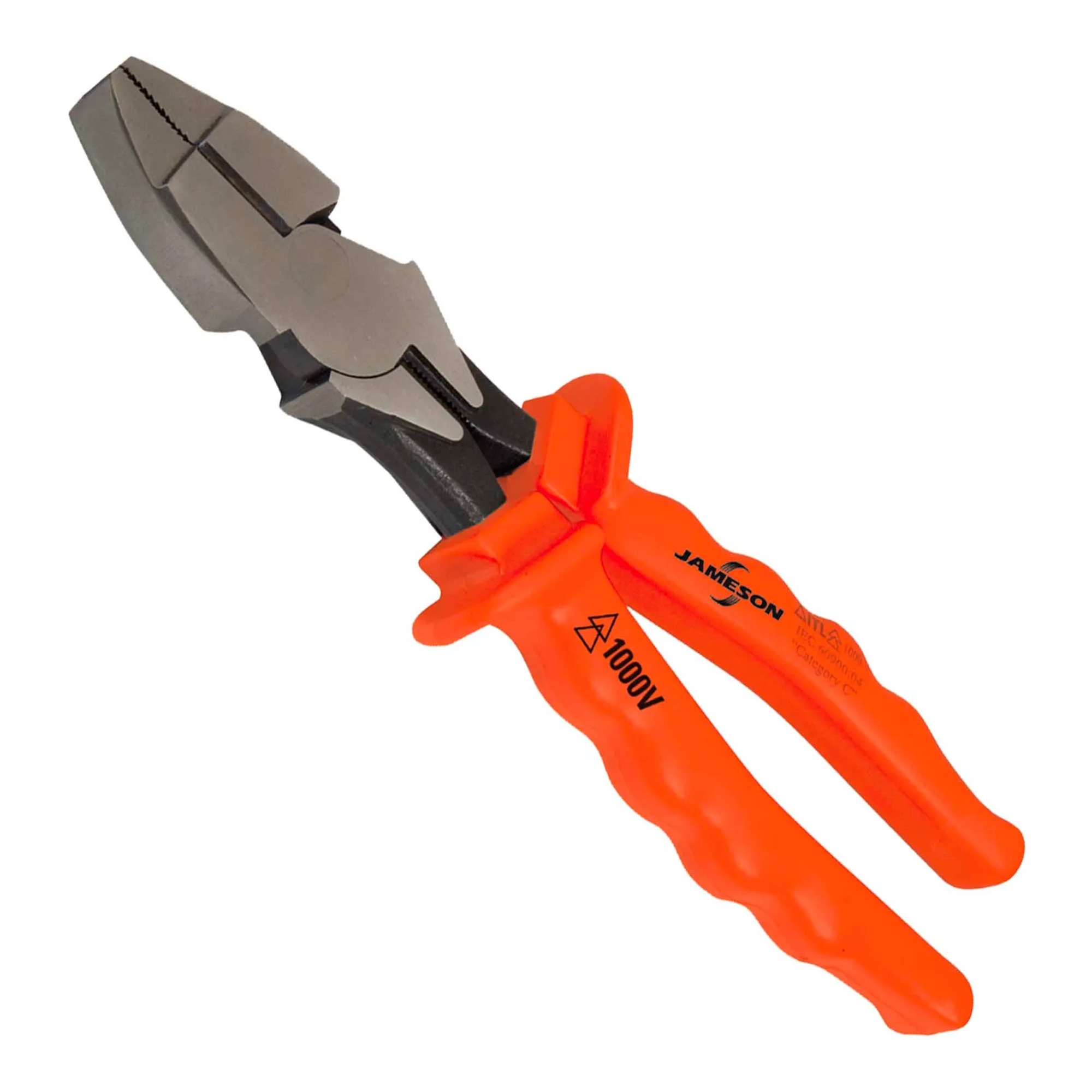 Orange 1000V insulated 9-1/2-inch linesman pliers with serrated jaws