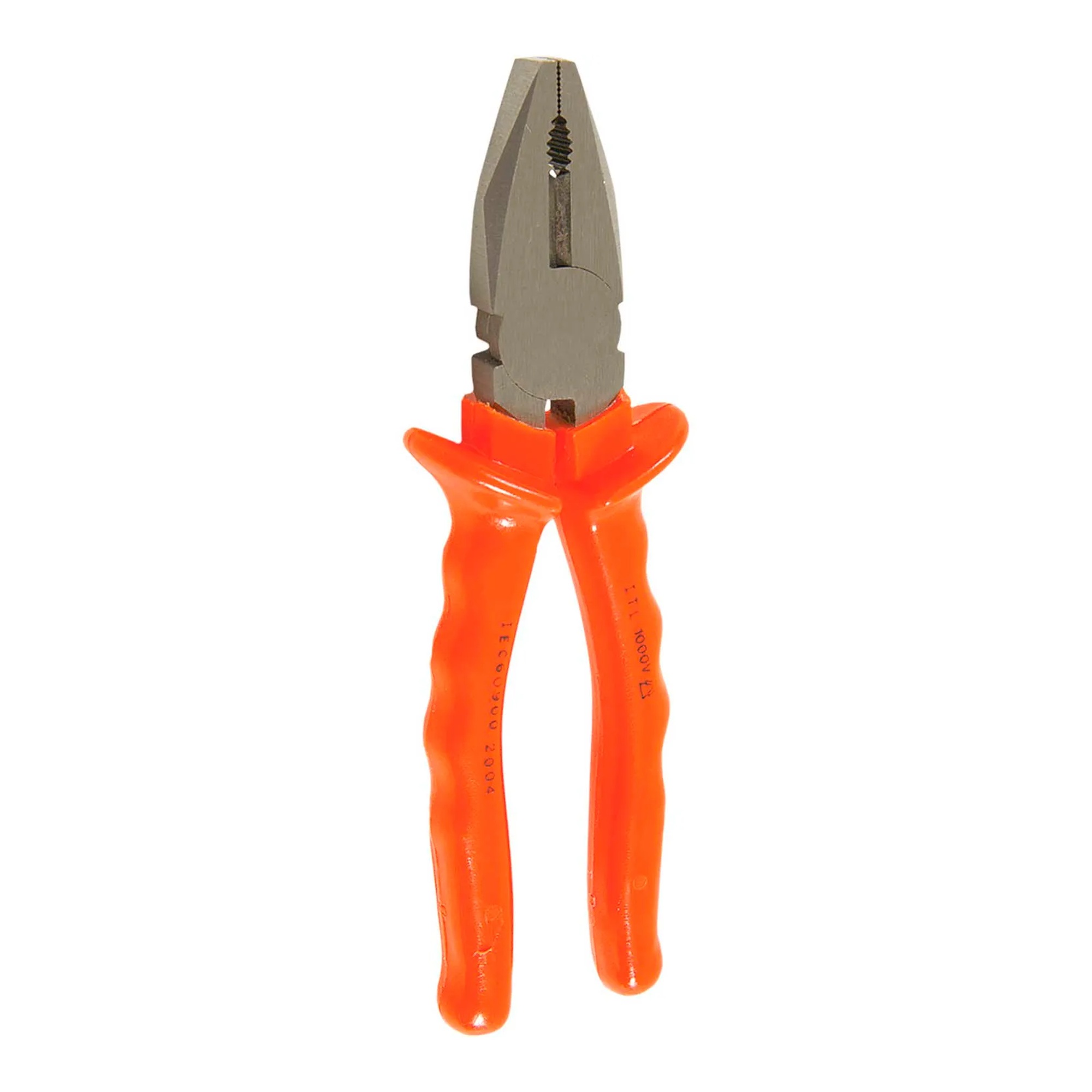 Orange 1000V insulated lineman pliers with combination gripping jaws and side cutters