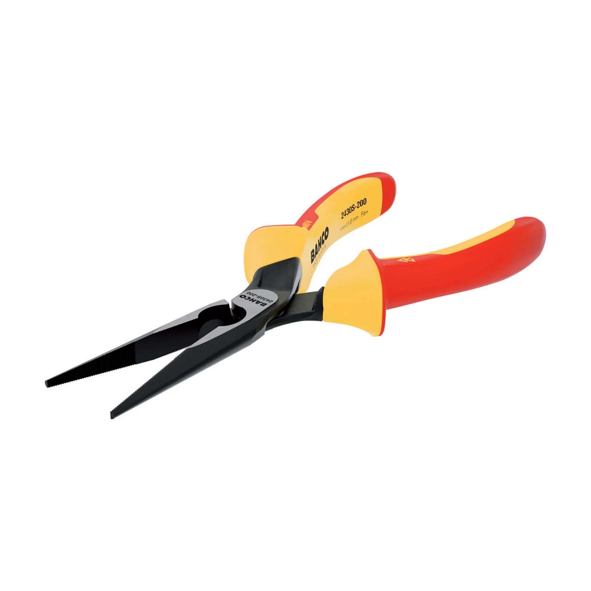 Insulated snipe nose pliers with red and yellow handles
