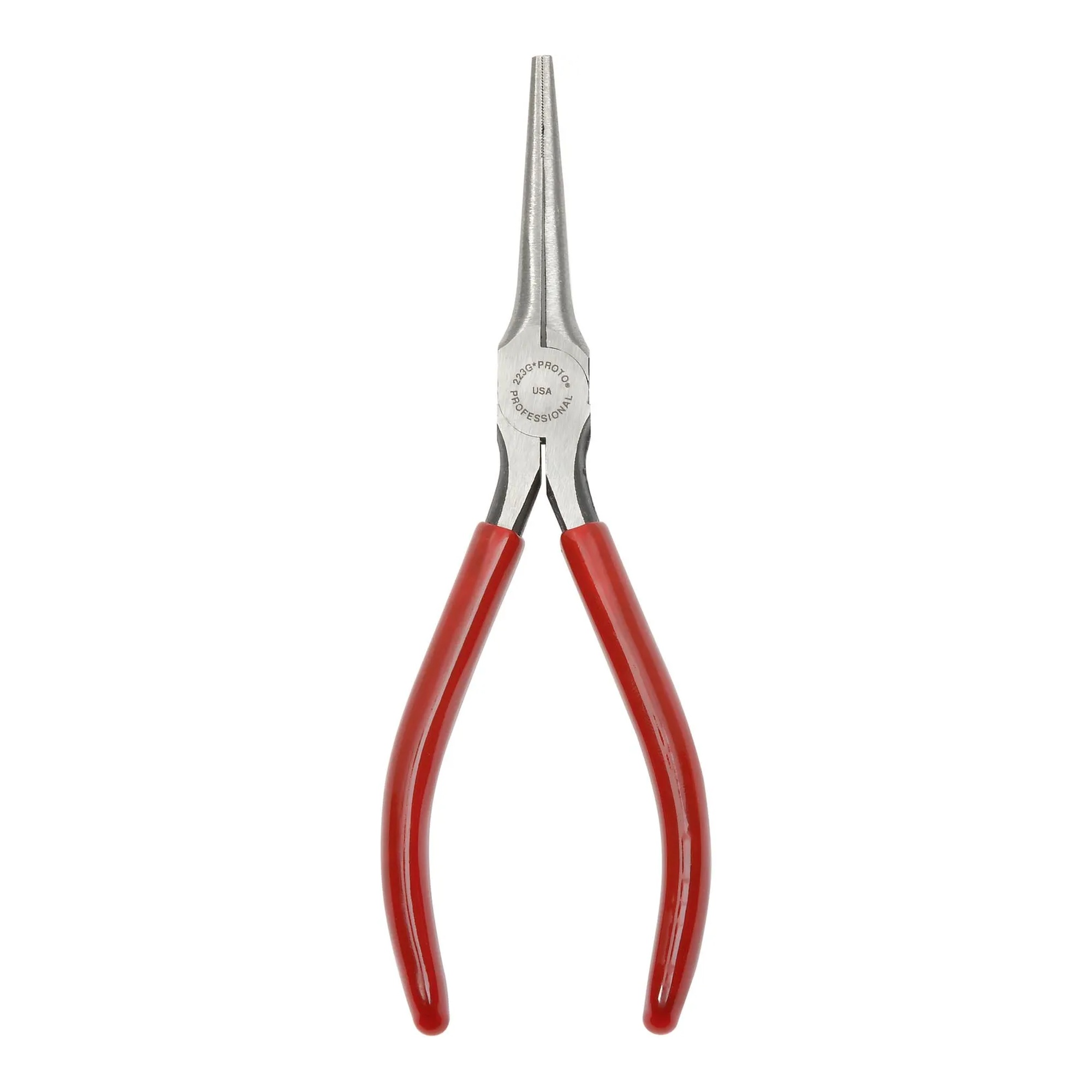 Long nose pliers with red Plastisol grips