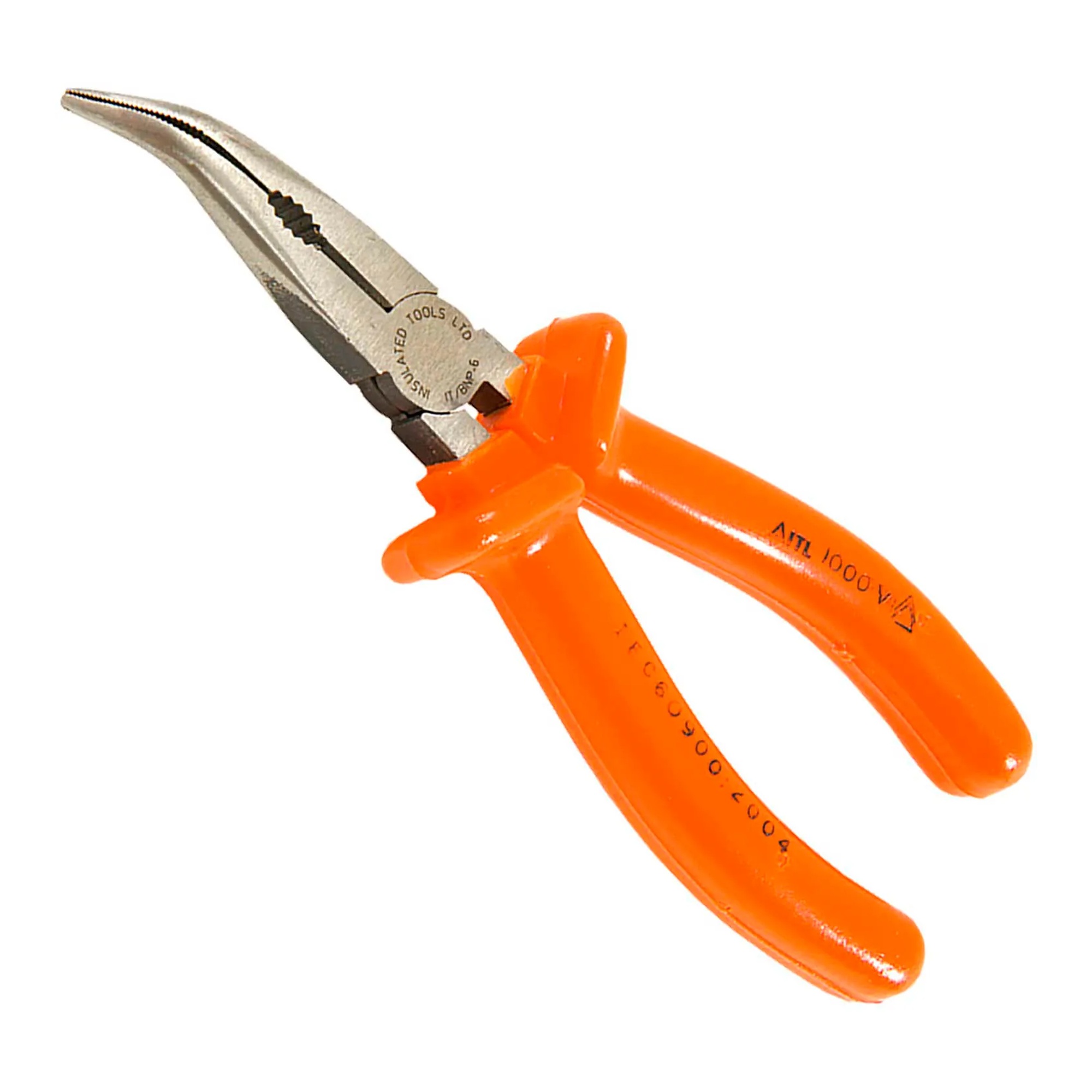 Orange 1000V insulated bent long-nose pliers with side cutters