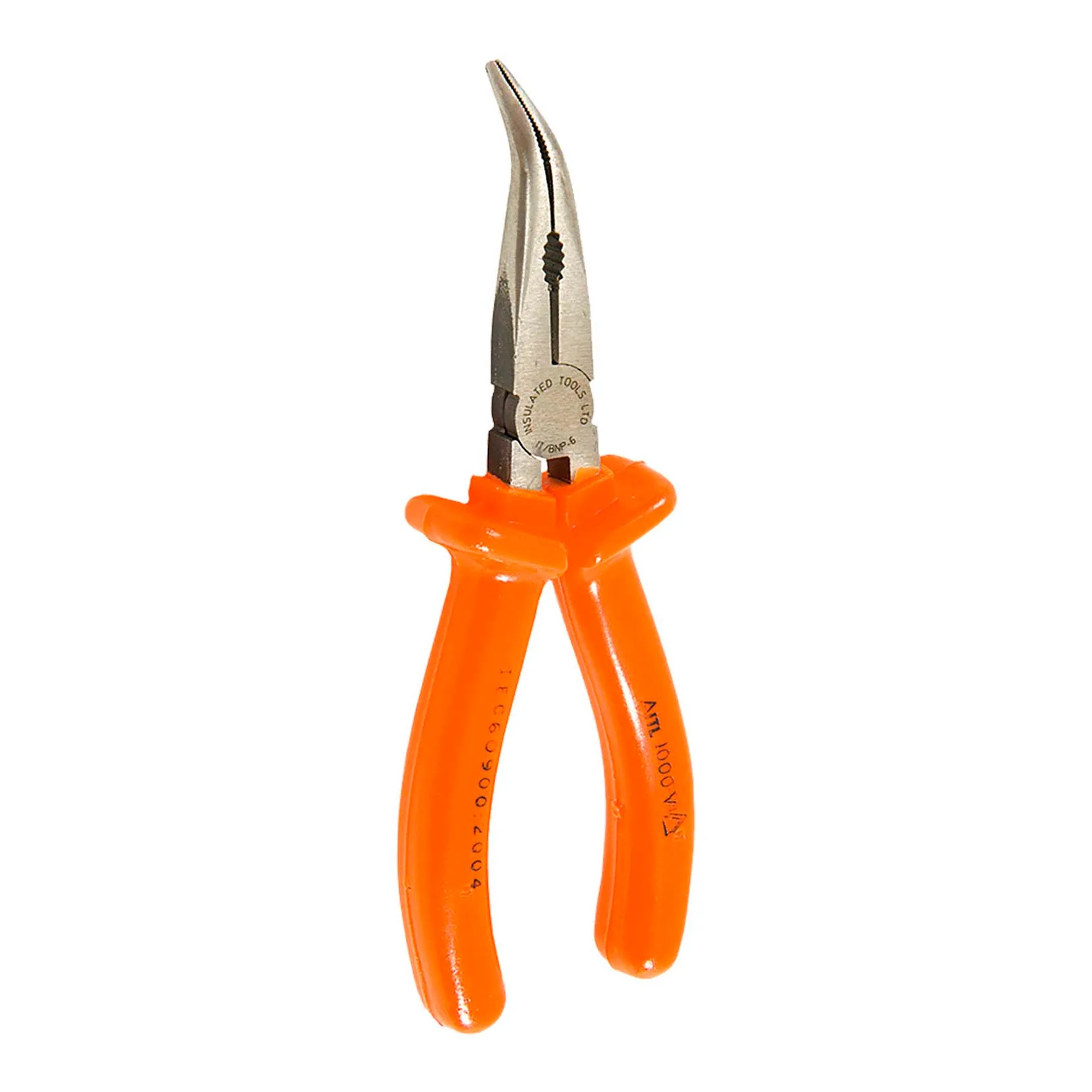 Orange 1000V insulated bent long-nose pliers with side cutters