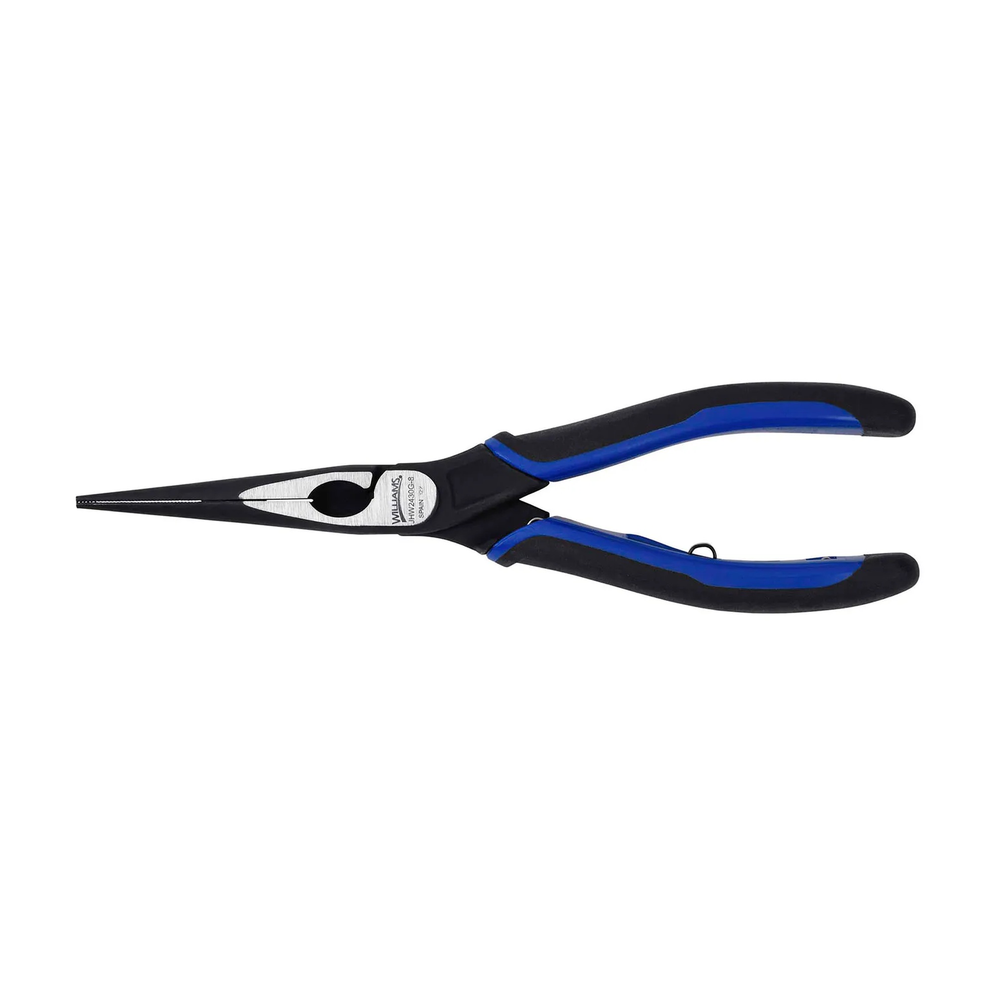 Blue and black snipe nose pliers with comfort grip handles