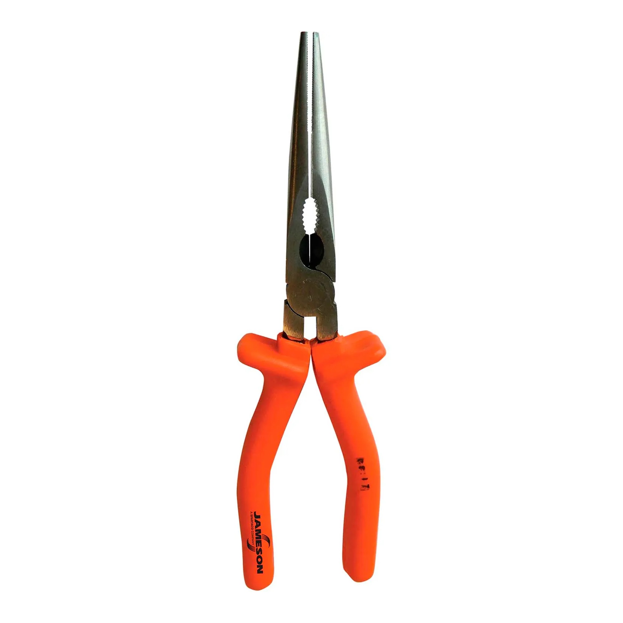 Orange 8-inch 1000V insulated long-nose pliers with serrated jaws and side cutters