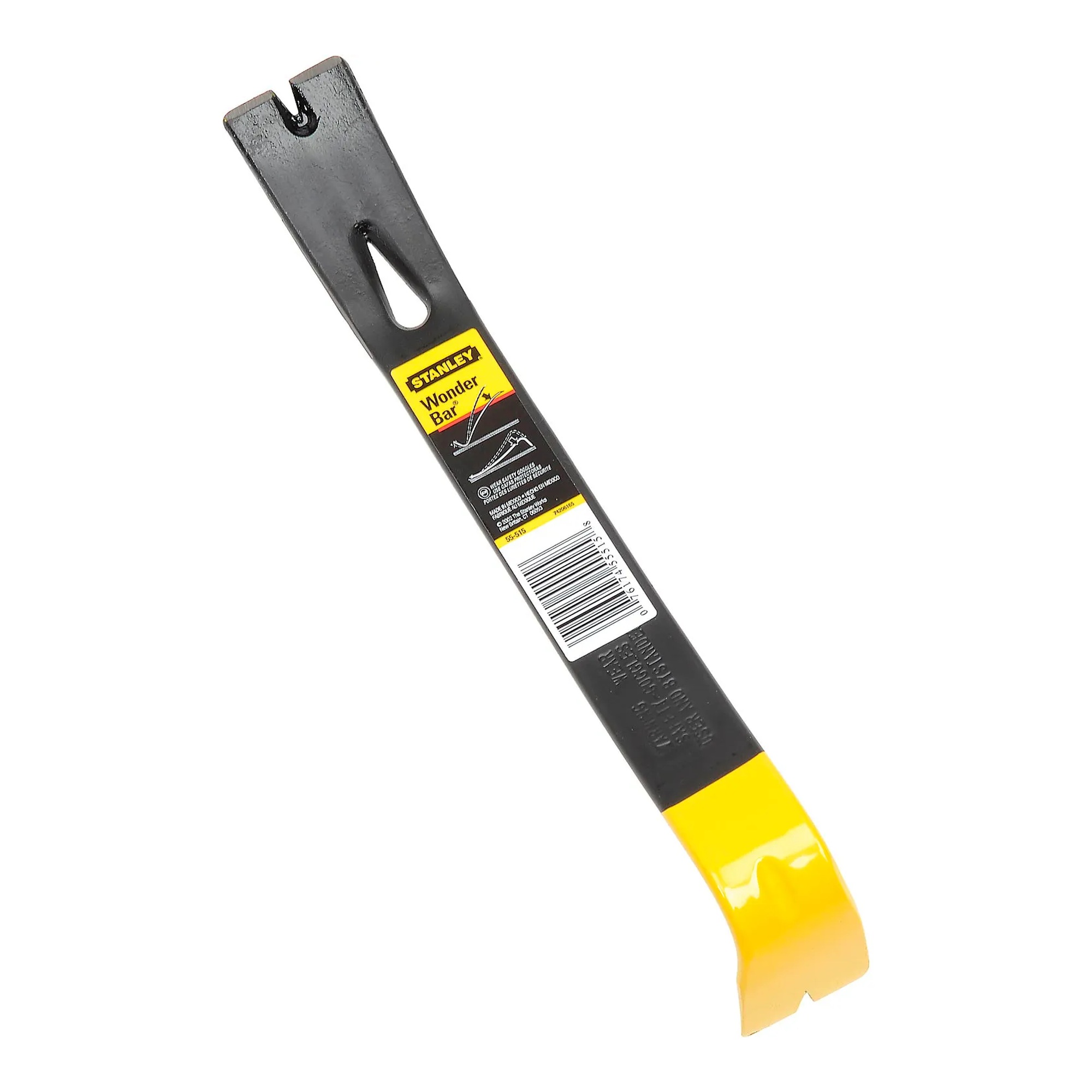 Black steel pry bar with a yellow claw end and nail slots