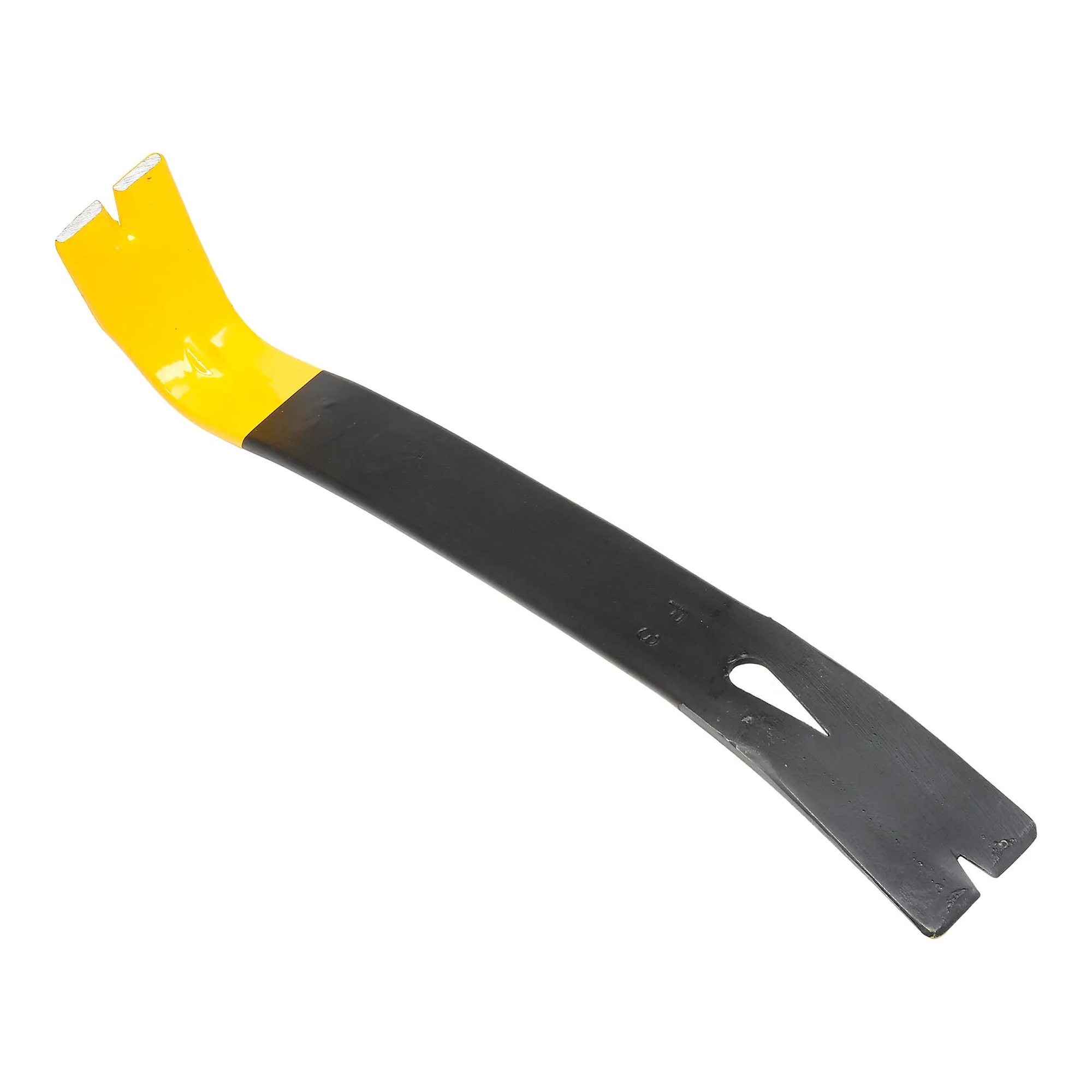 Black steel pry bar with a yellow claw end and nail slots