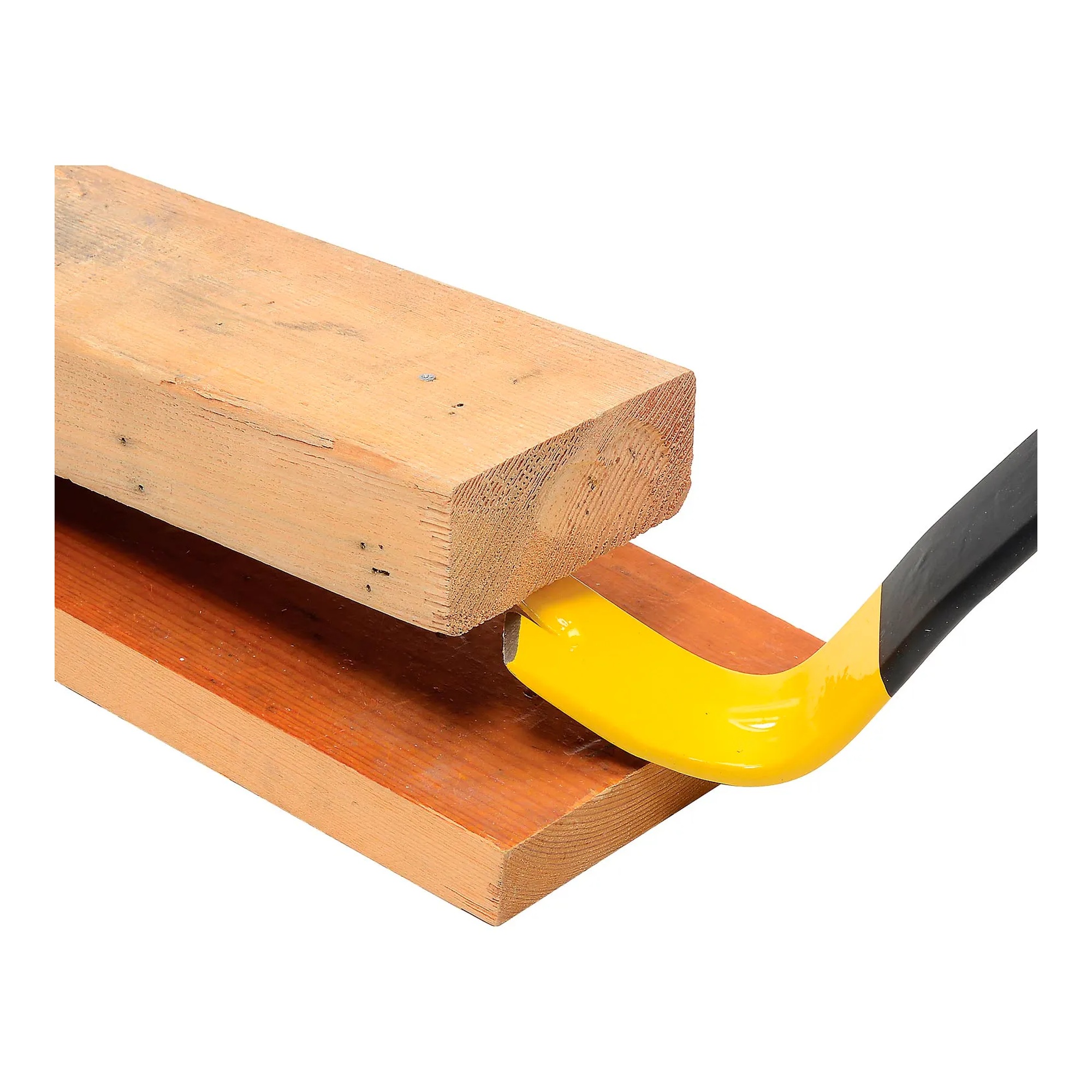 Black steel pry bar with a yellow claw end and nail slots