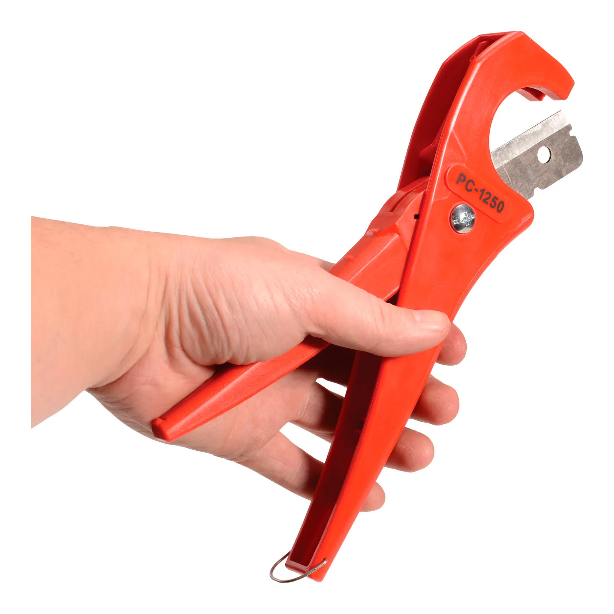 Scissor-style plastic pipe and tubing cutter with spring-loaded handles