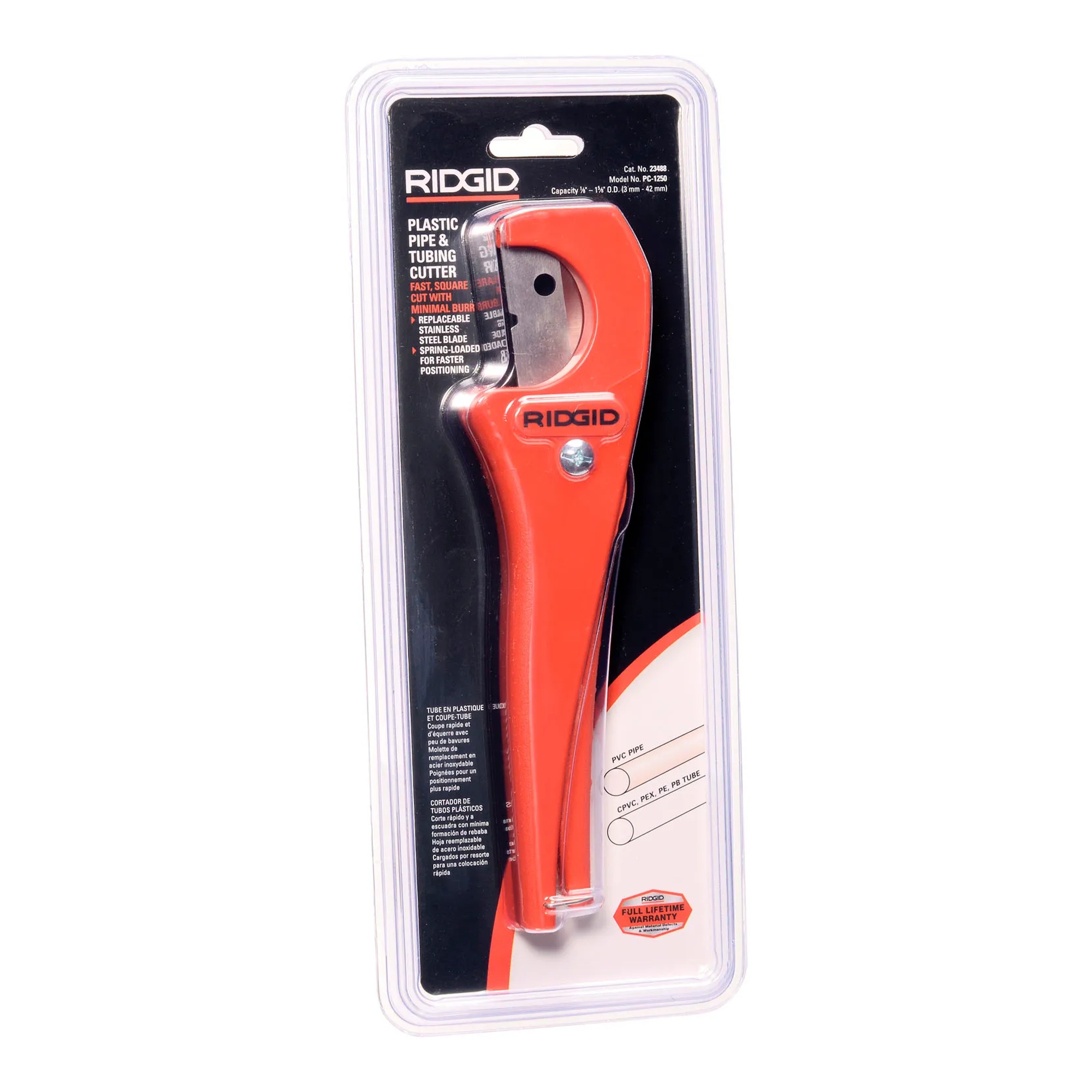 Scissor-style plastic pipe and tubing cutter with spring-loaded handles