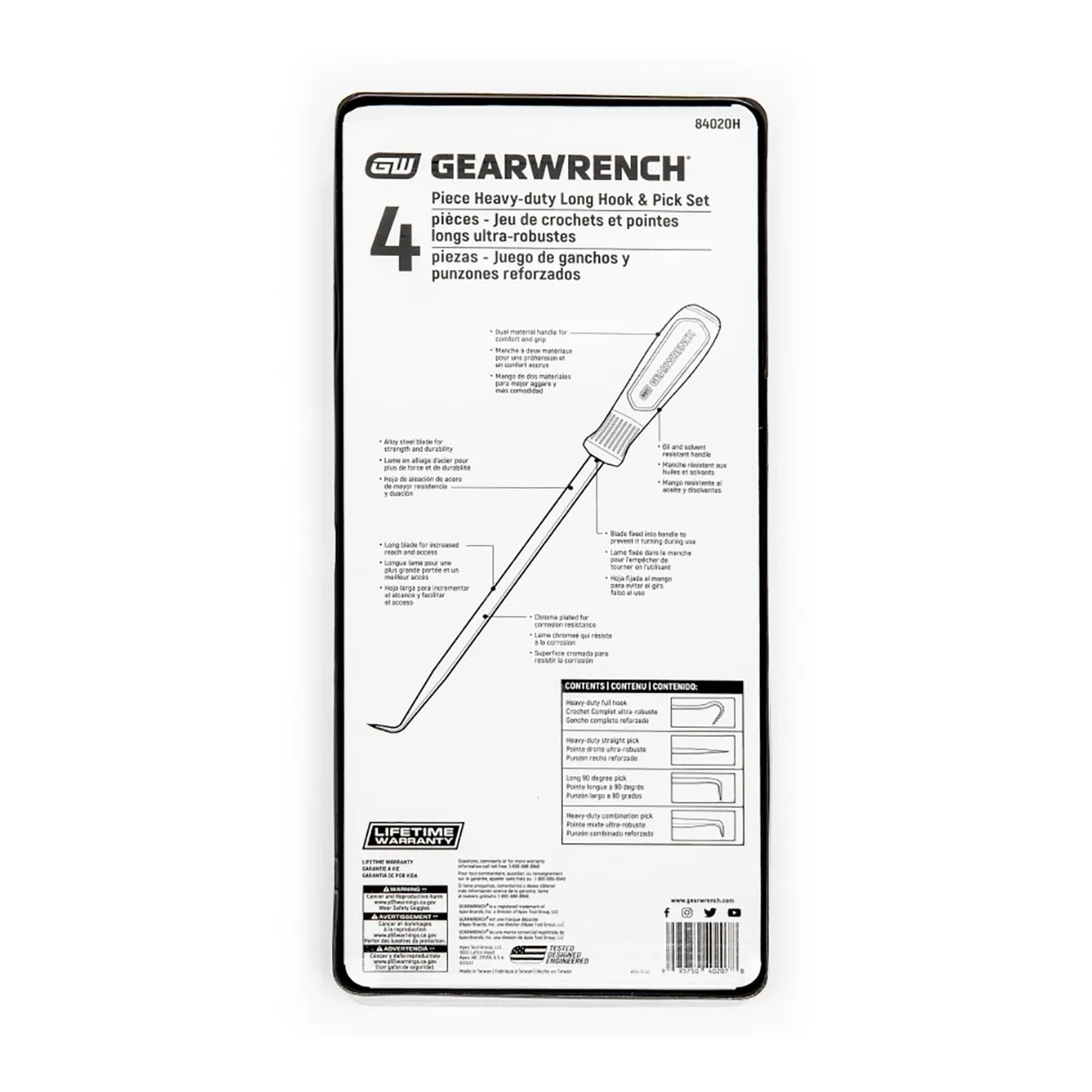 Heavy-duty 4-piece long hook and pick set with black handles