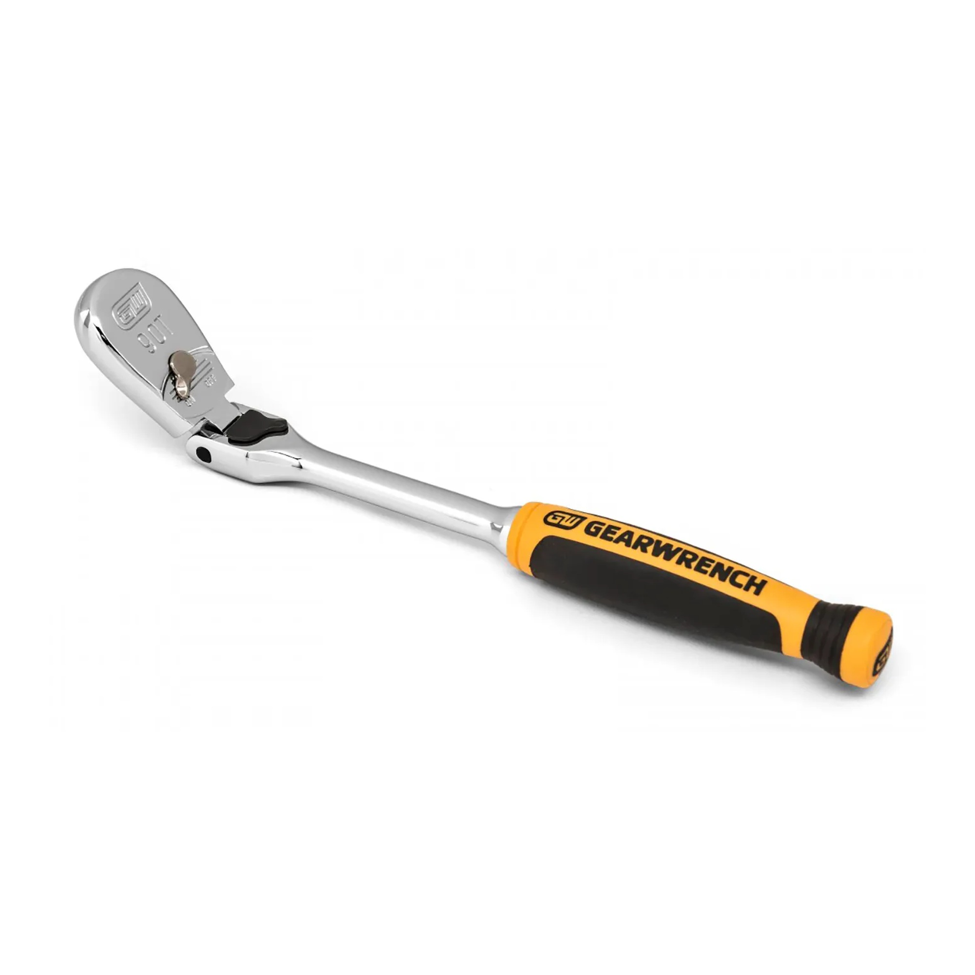 90-tooth locking flex-head teardrop ratchet with 1/4-inch drive and dual-material grip