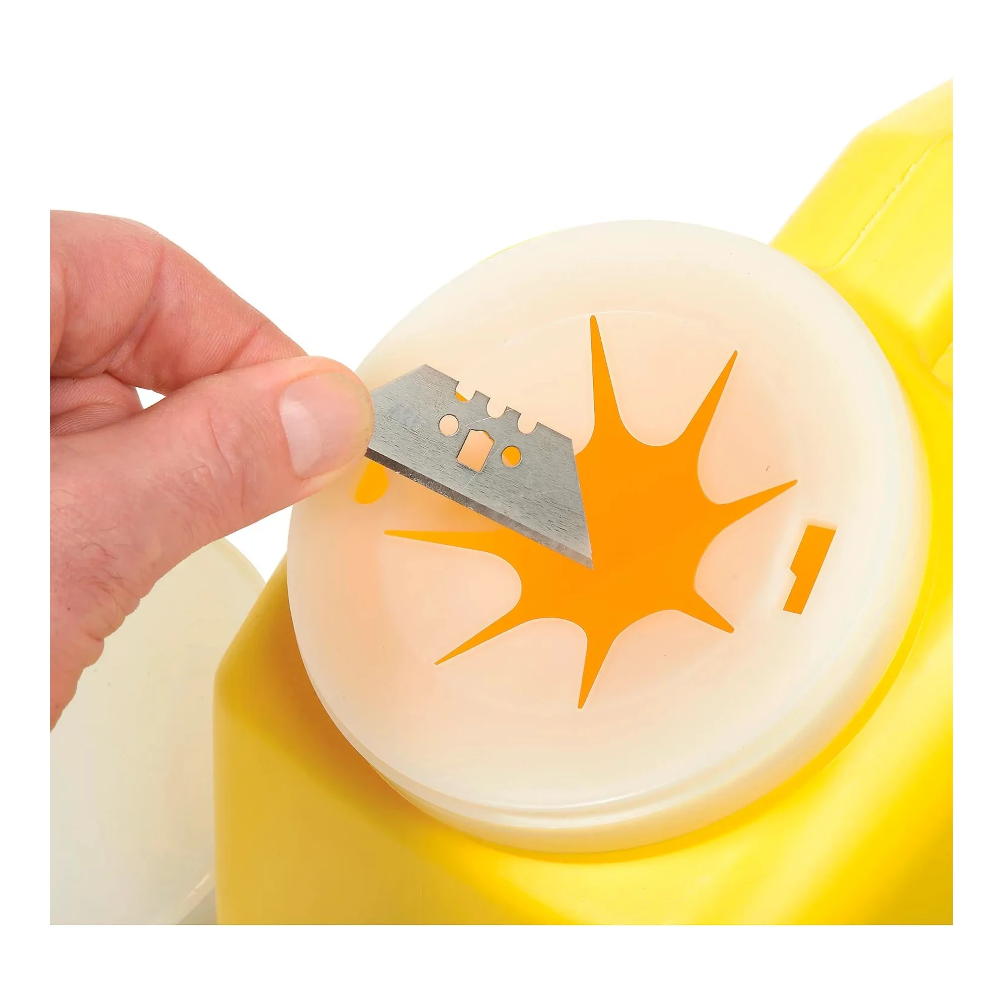 Blade disposal container with tethered locking lid and metal wall-mount rack