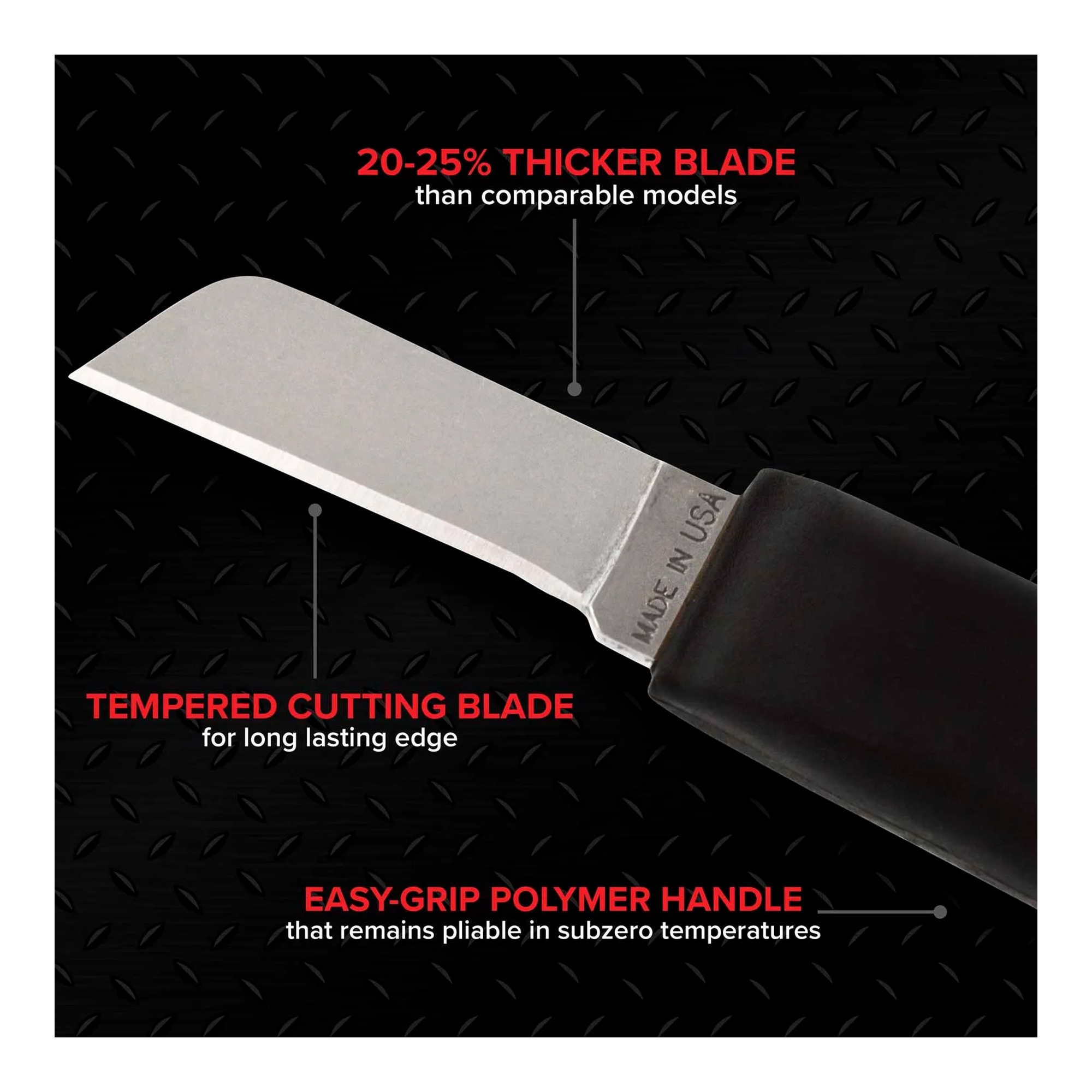 Cable splicer’s knife with straight blade, polymer handle, and leather belt pouch