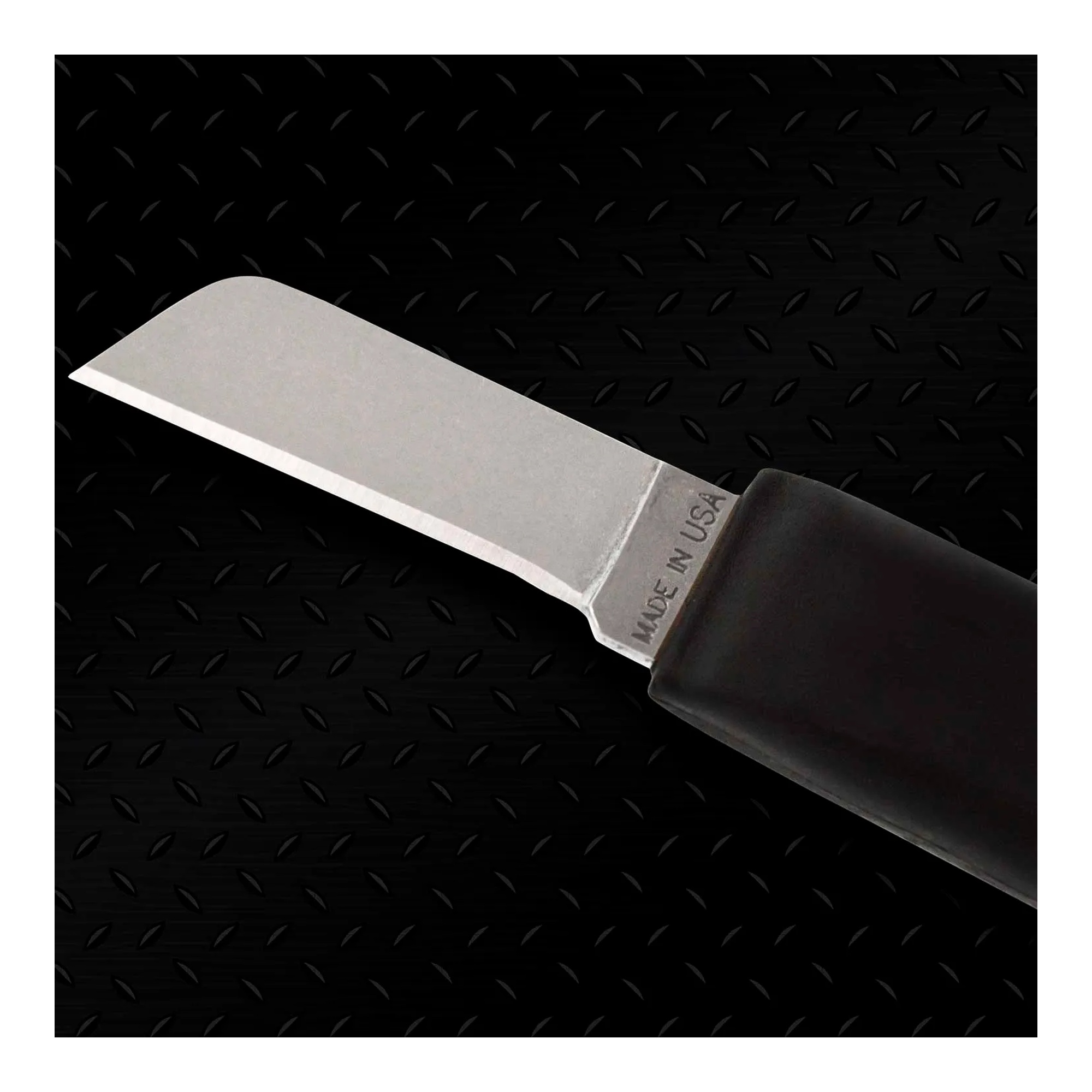 Cable splicer’s knife with straight blade, polymer handle, and leather belt pouch