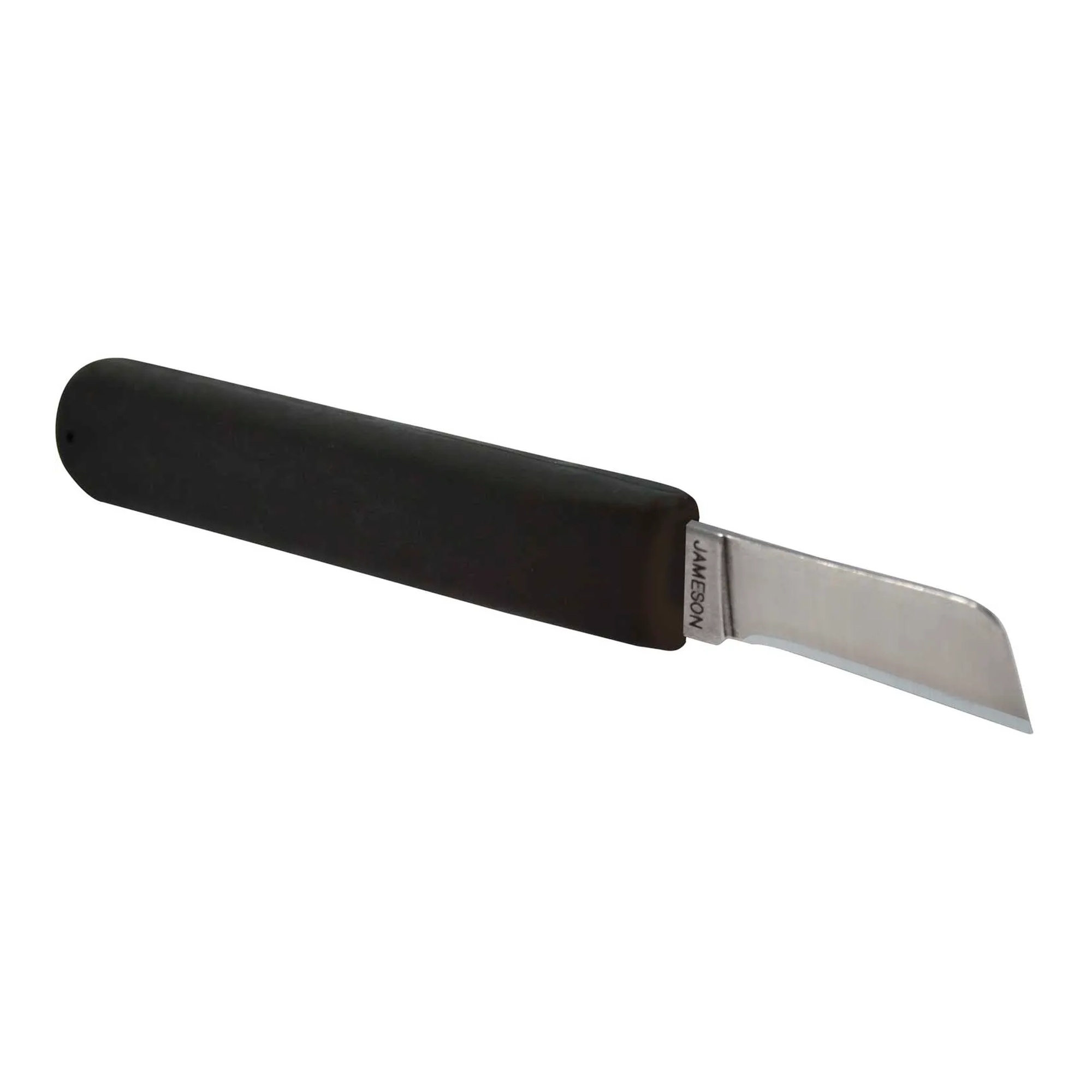 Cable splicer’s knife with straight blade, polymer handle, and leather belt pouch