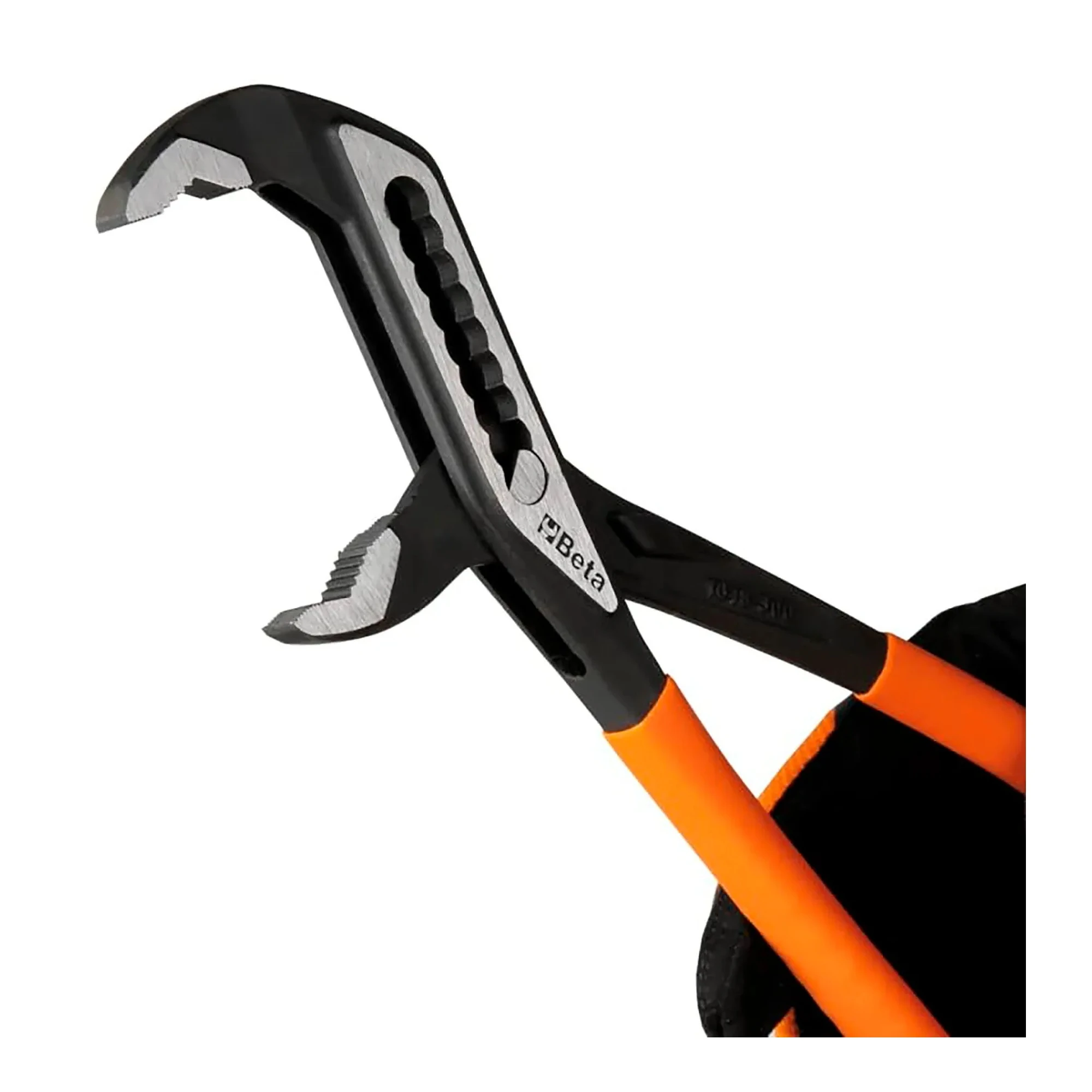 Slip joint pliers with orange slip-proof PVC handles and tapered head