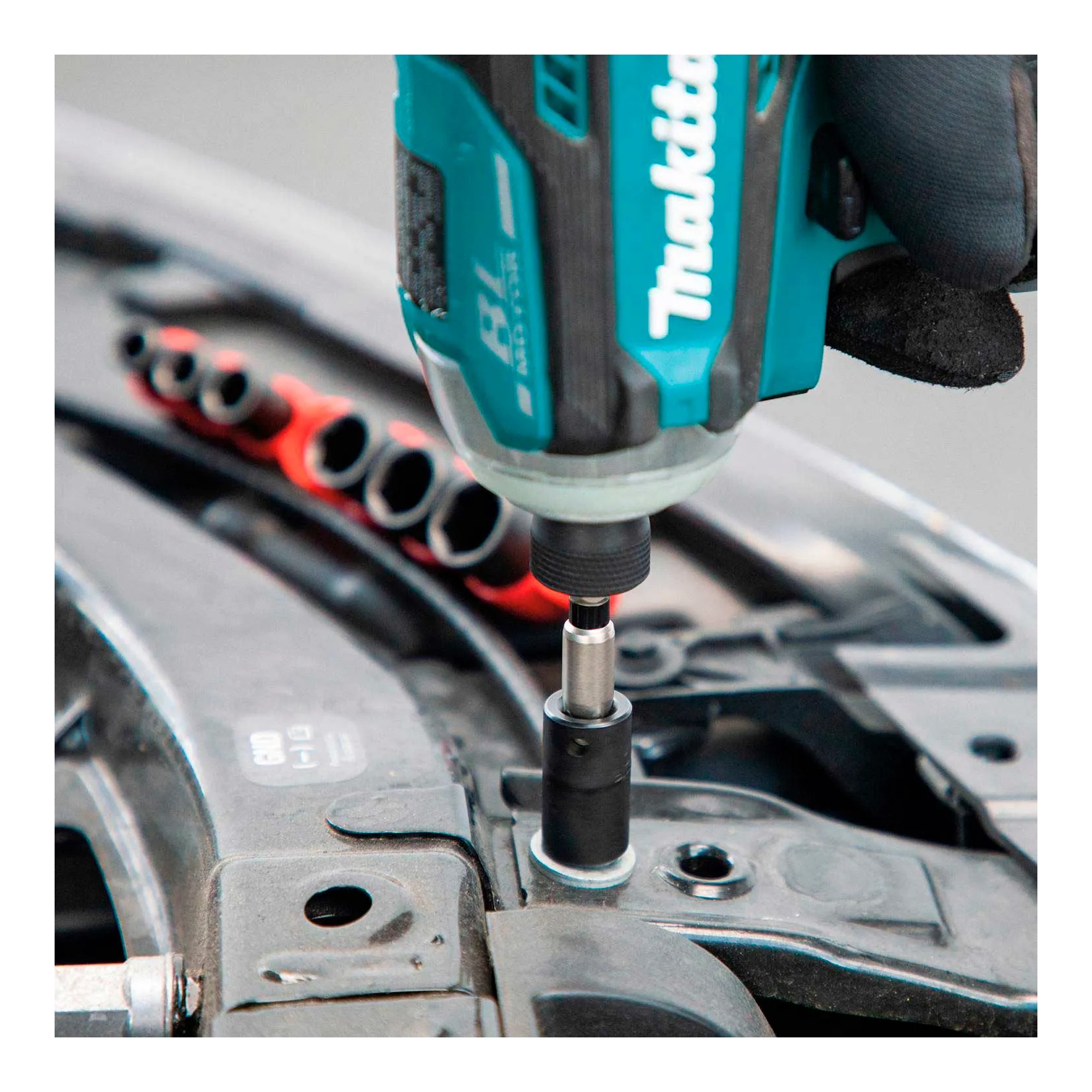 Metric 6-point impact socket set with 1/4-inch hex-shank adapter and flexible storage boot