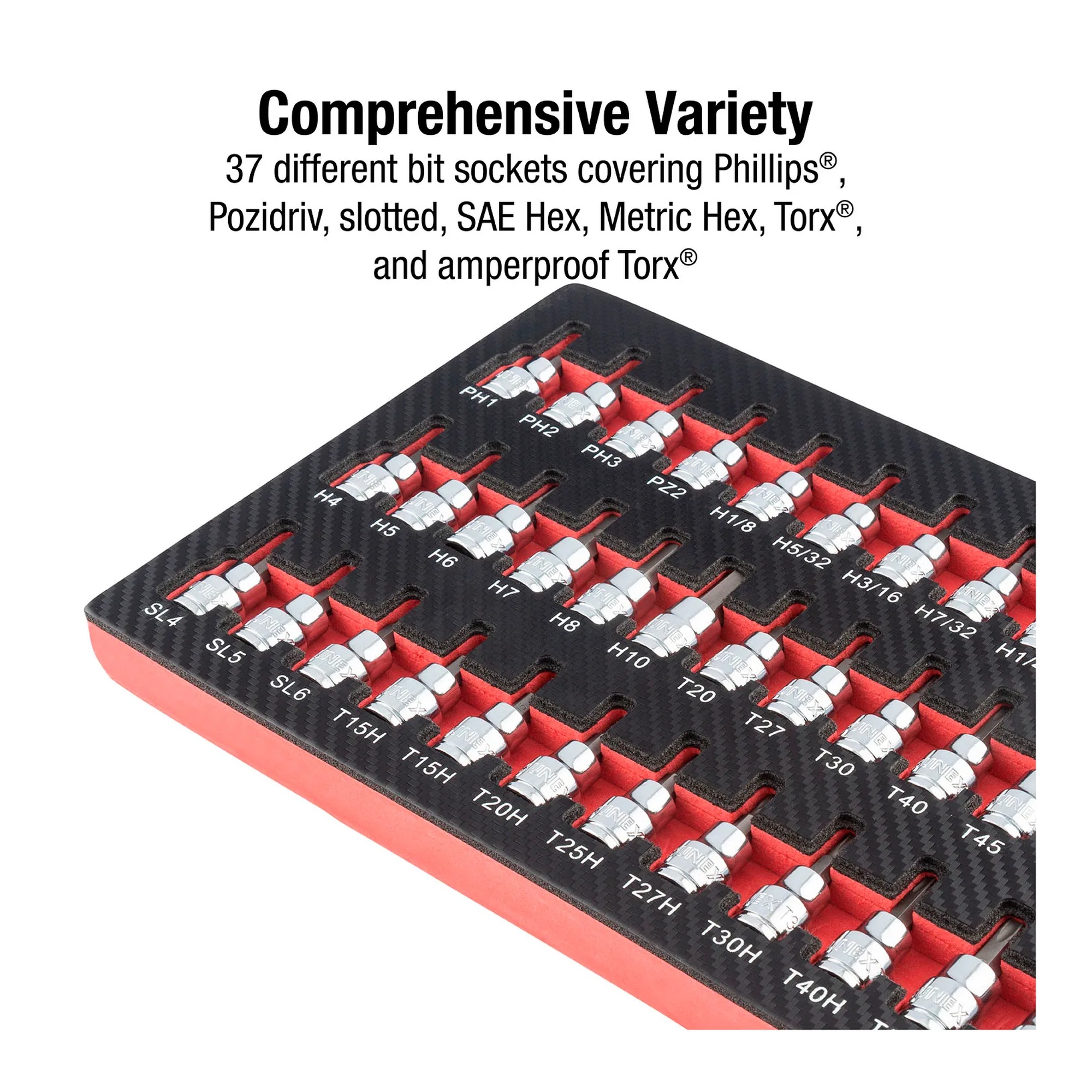 37-piece 3/8-inch drive bit socket set with EVA foam storage trays