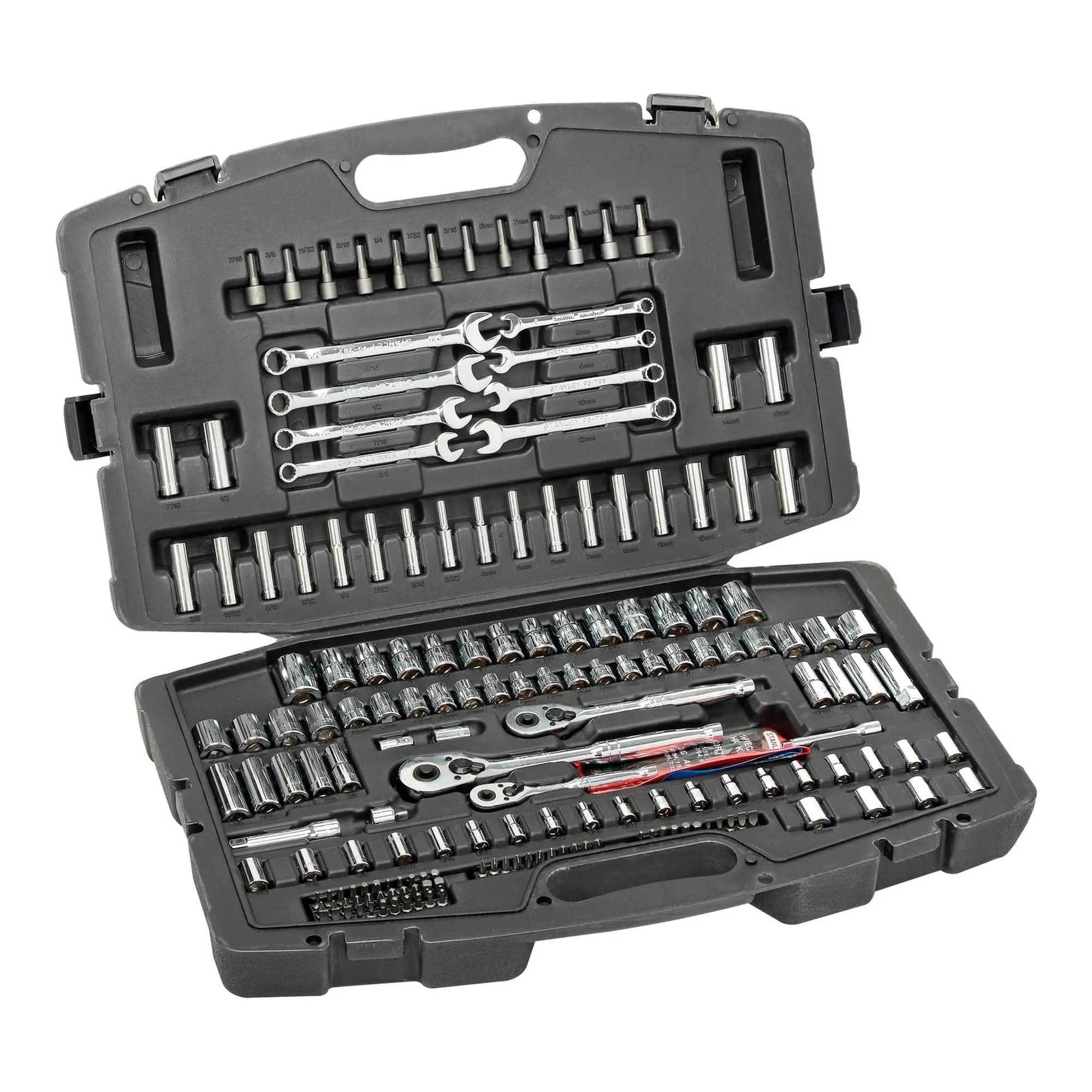 201-piece mechanics tool set with 1/4, 3/8 and 1/2 inch drives in carry case