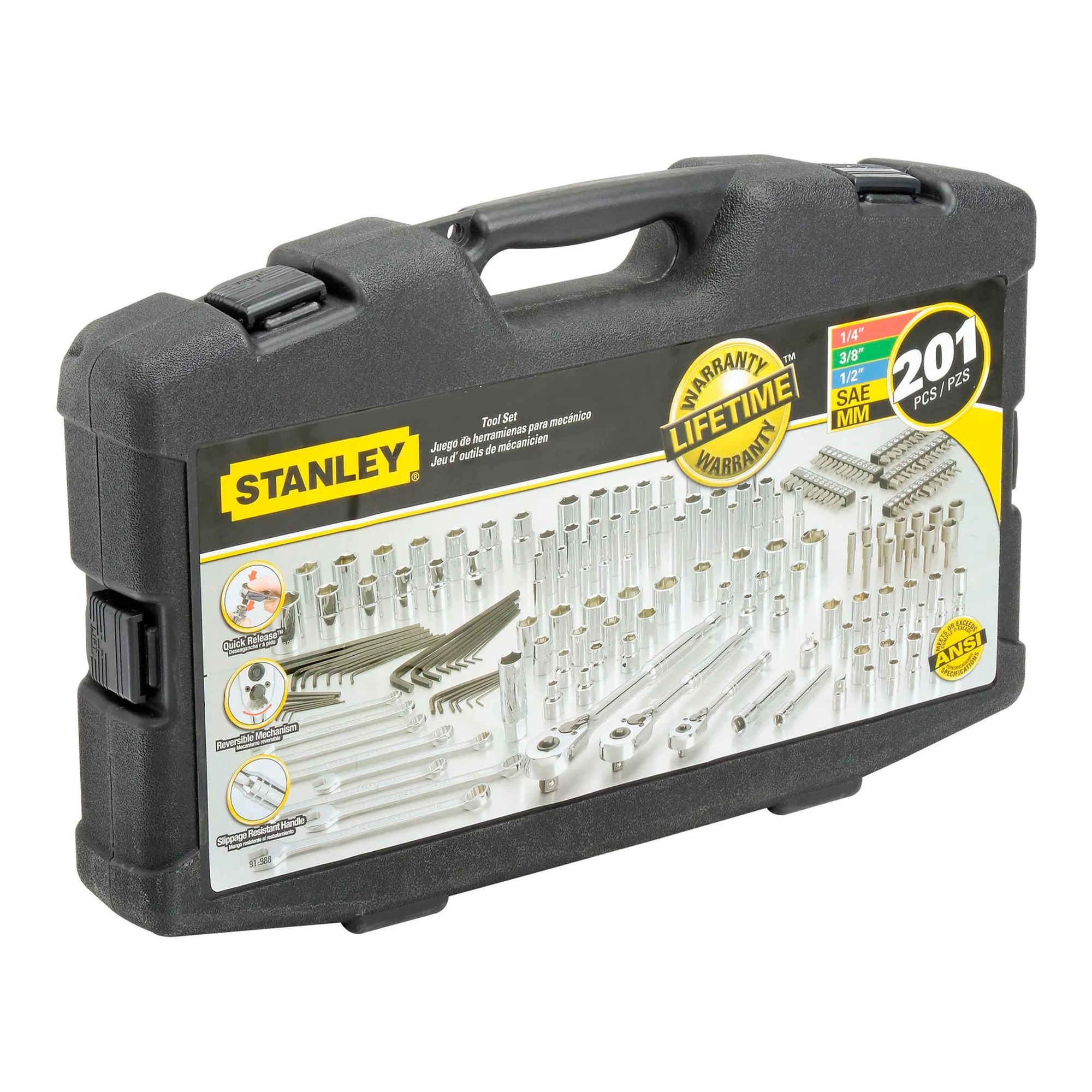 201-piece mechanics tool set with 1/4, 3/8 and 1/2 inch drives in carry case