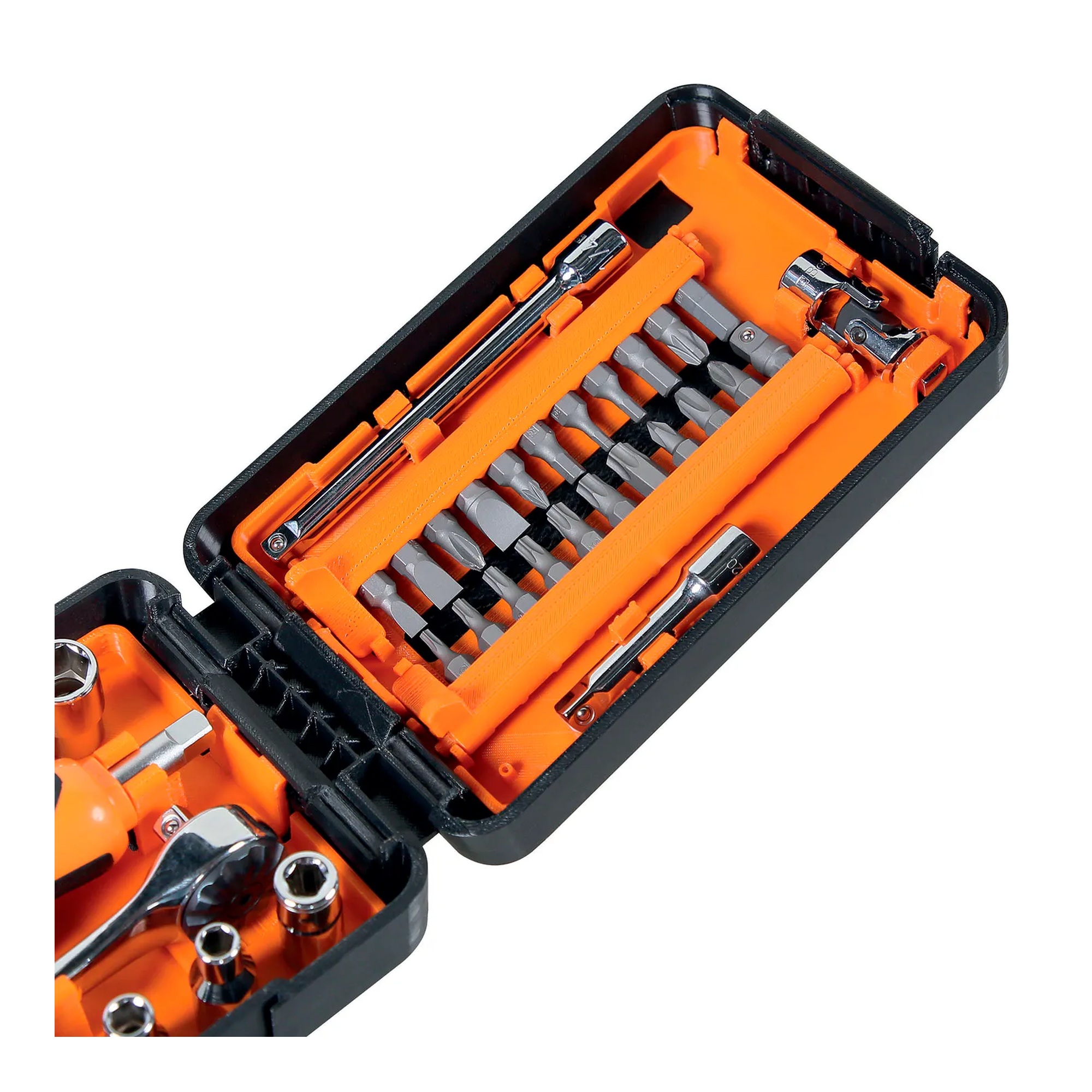 39-piece 1/4-inch drive socket and bit set in a black and orange plastic case