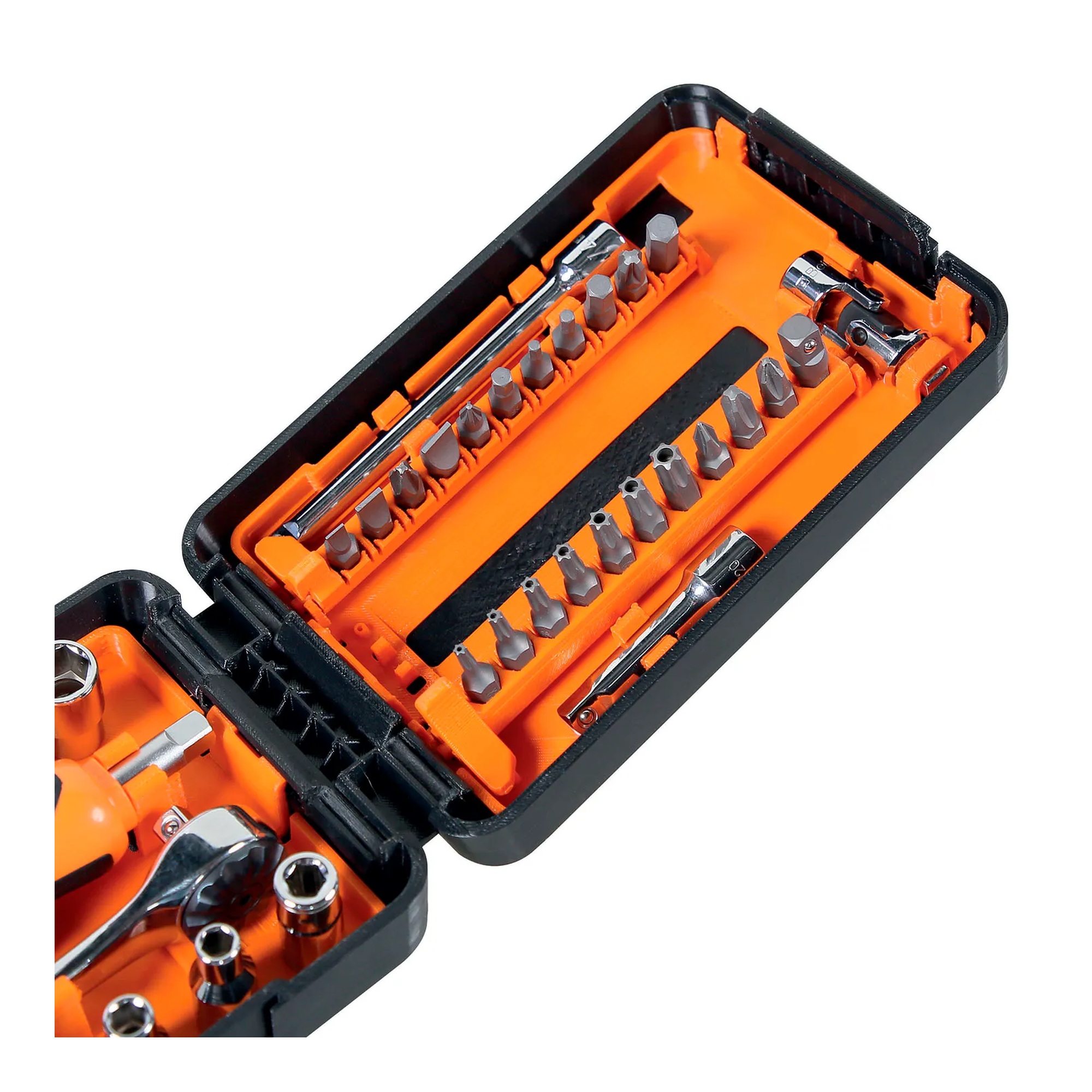 39-piece 1/4-inch drive socket and bit set in a black and orange plastic case