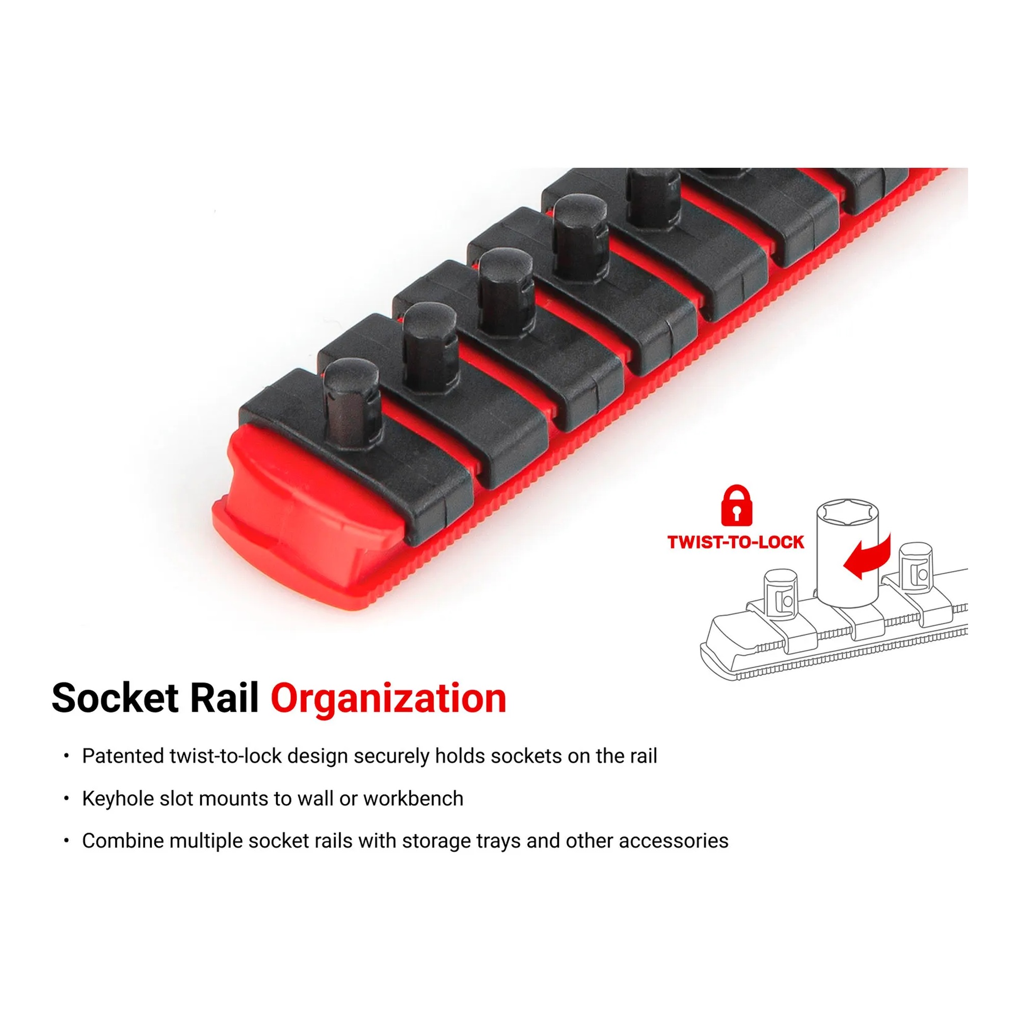 18 inch socket organizer rail with 10 clips for 3/4 inch drive sockets