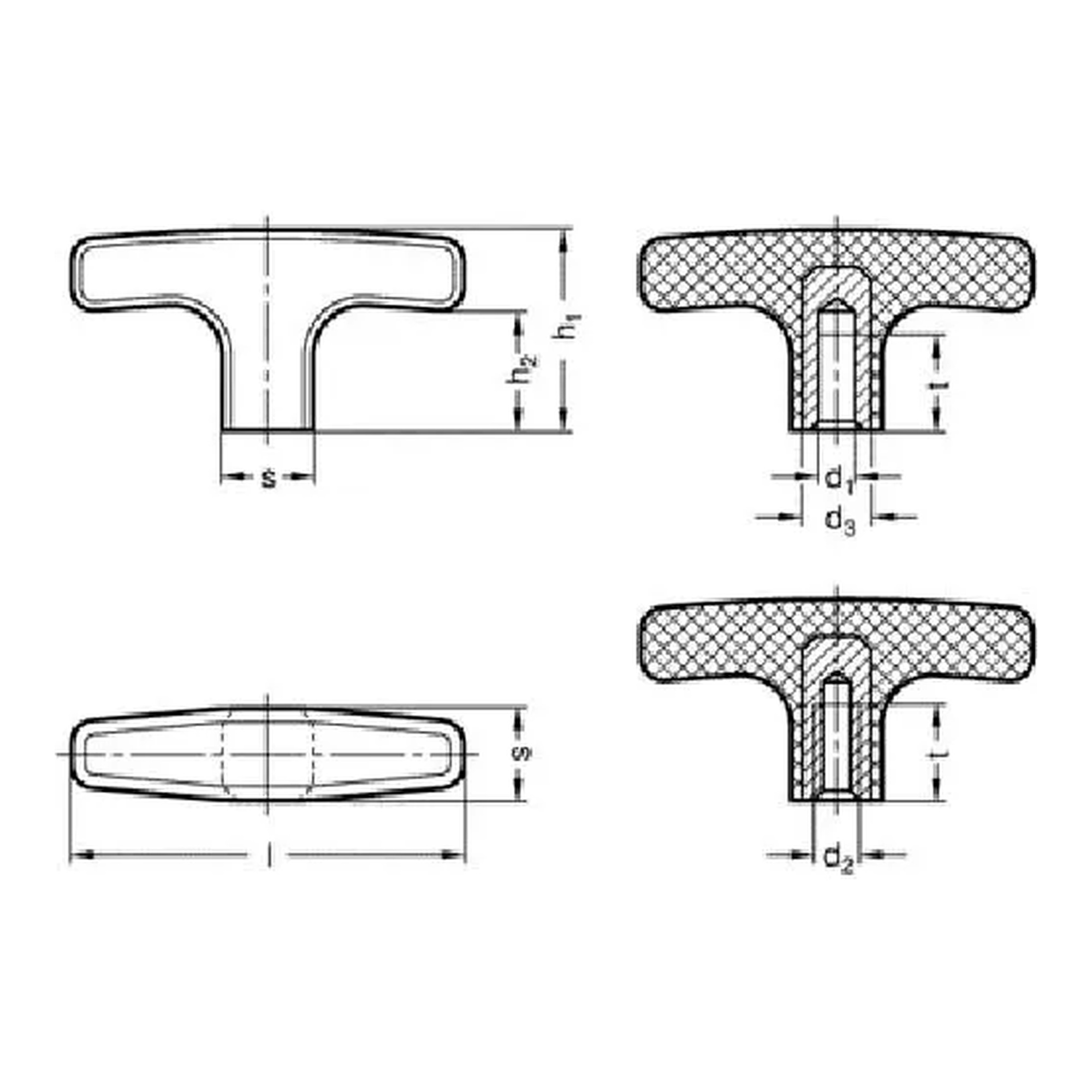 Technopolymer T-handle with 55 mm diameter and 1/4-20 tapped blind bore