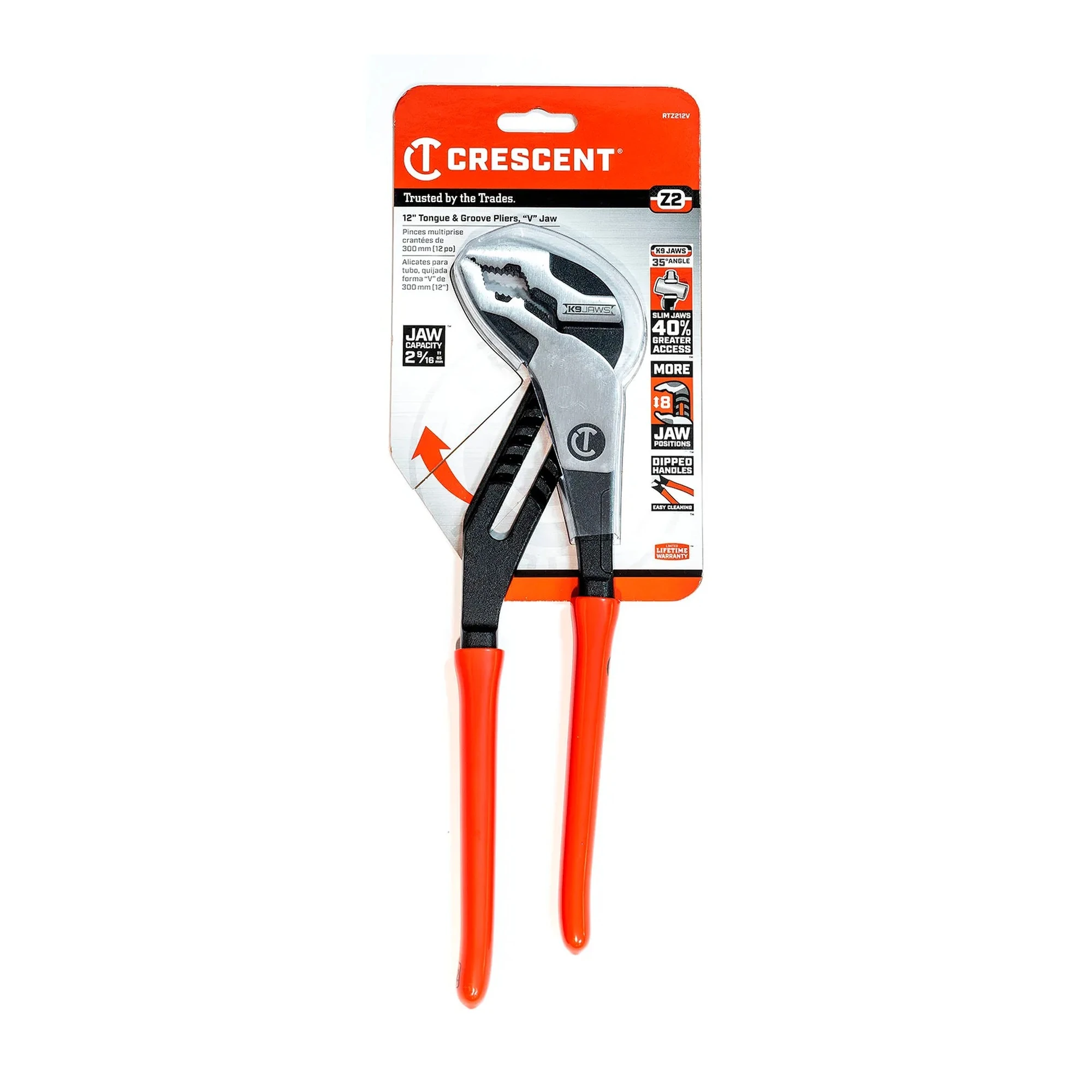 12-inch red-handled V-jaw tongue-and-groove pliers