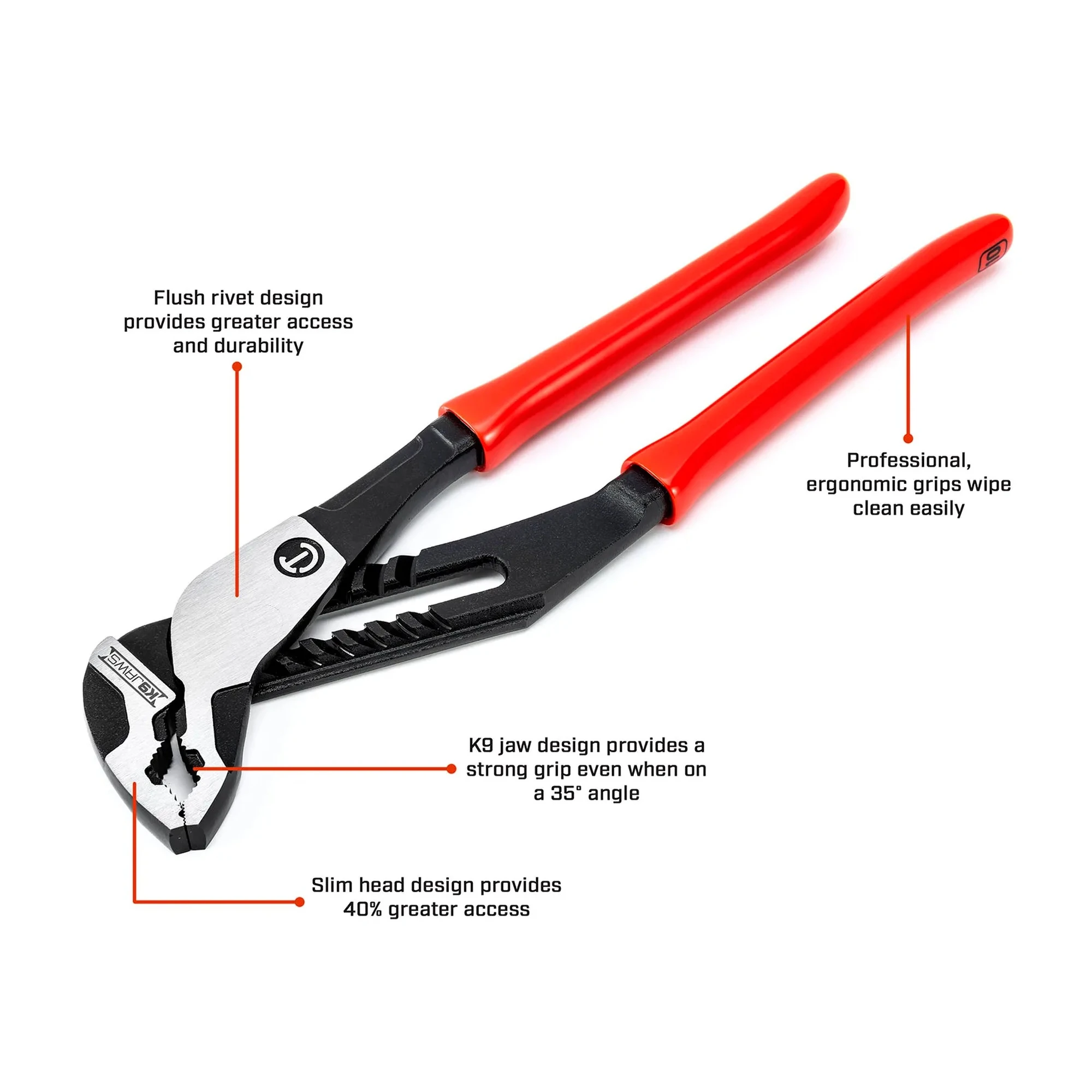 12-inch red-handled V-jaw tongue-and-groove pliers