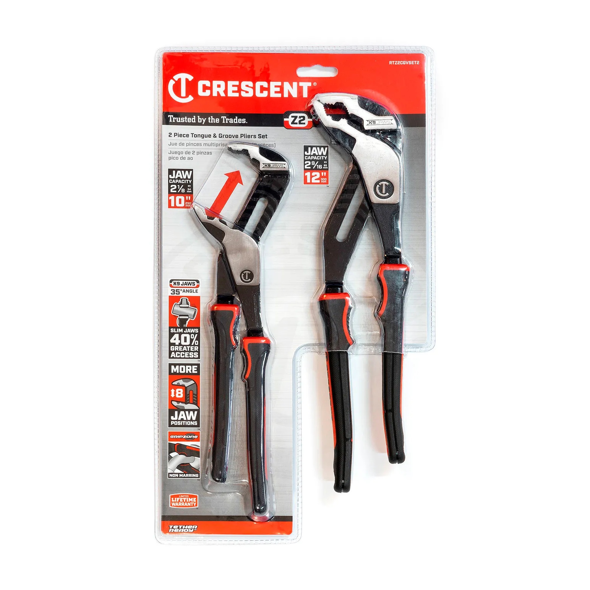 Two-piece V-jaw tongue-and-groove plier set with 10-inch and 12-inch pliers