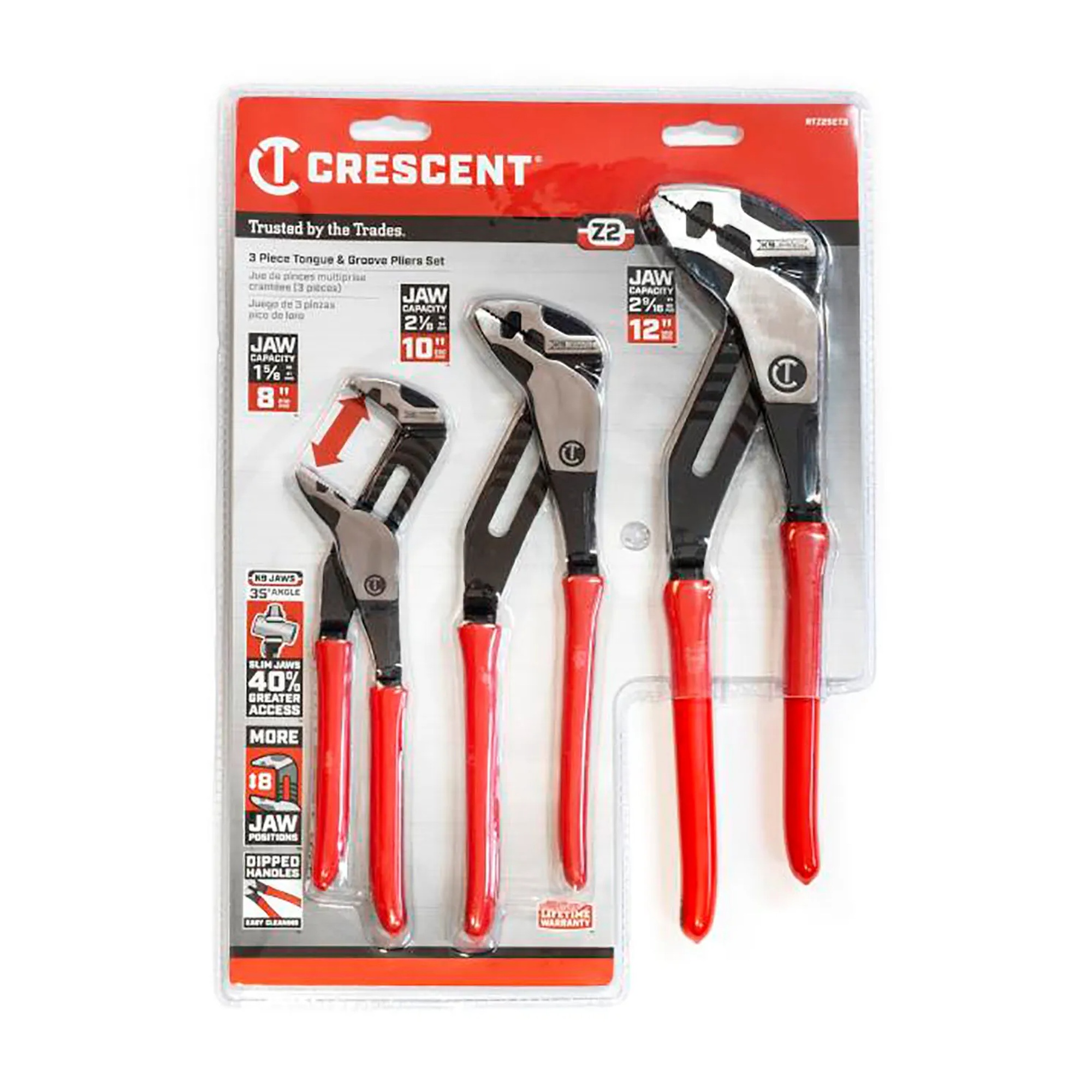 Three-piece straight-jaw tongue-and-groove plier set with dipped handles