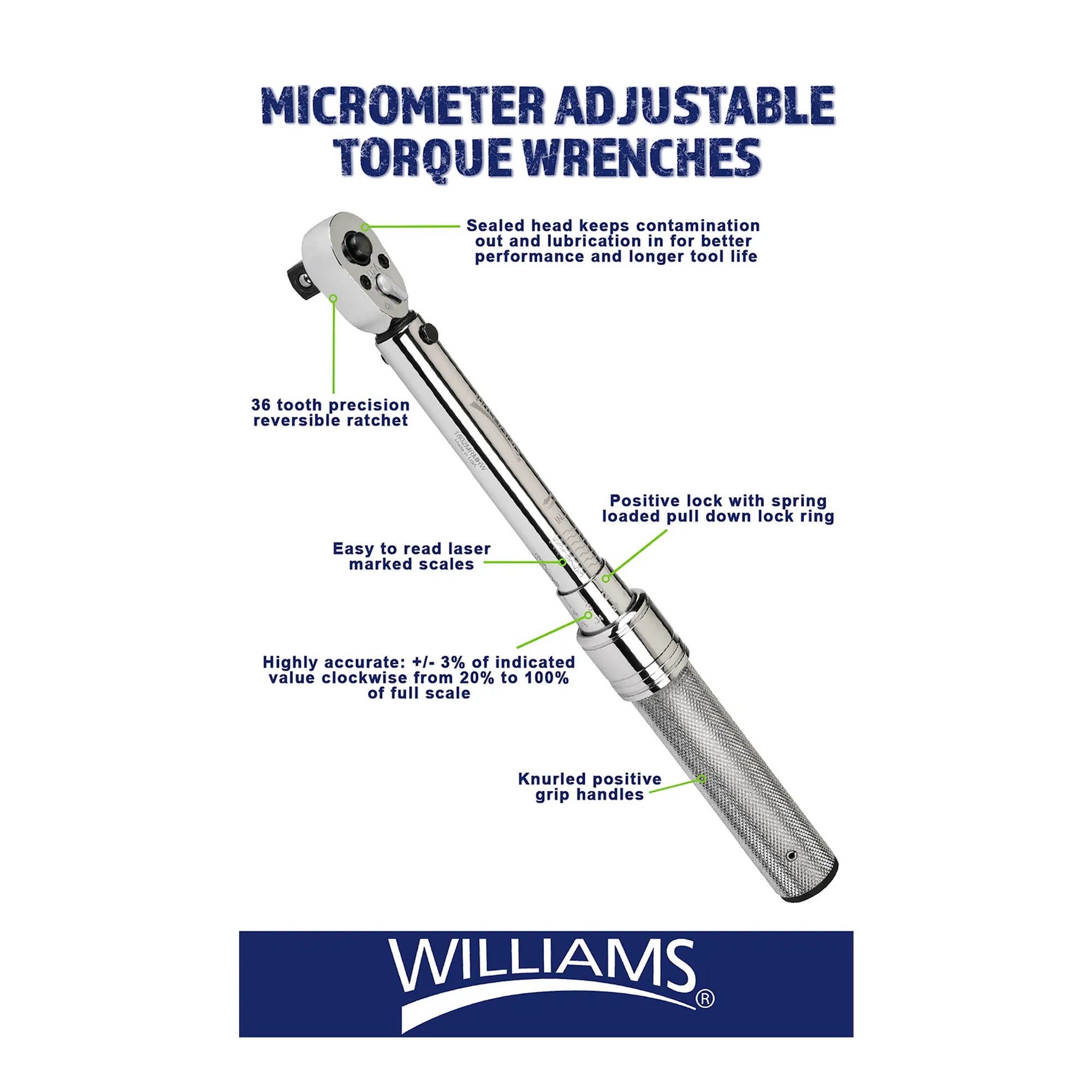1/2-inch drive micrometer adjustable torque wrench with 20–150 ft-lb range