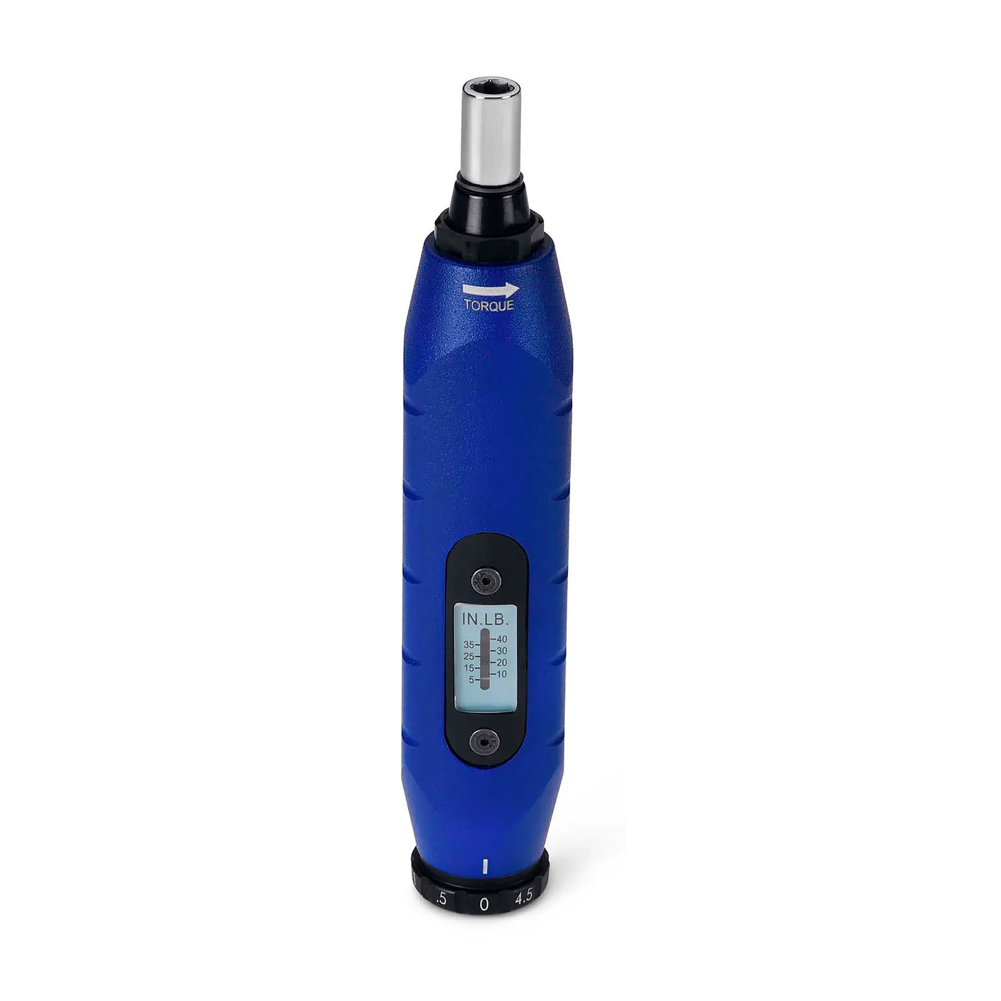 Blue adjustable torque screwdriver with a window scale and 1/4-inch hex bit holder