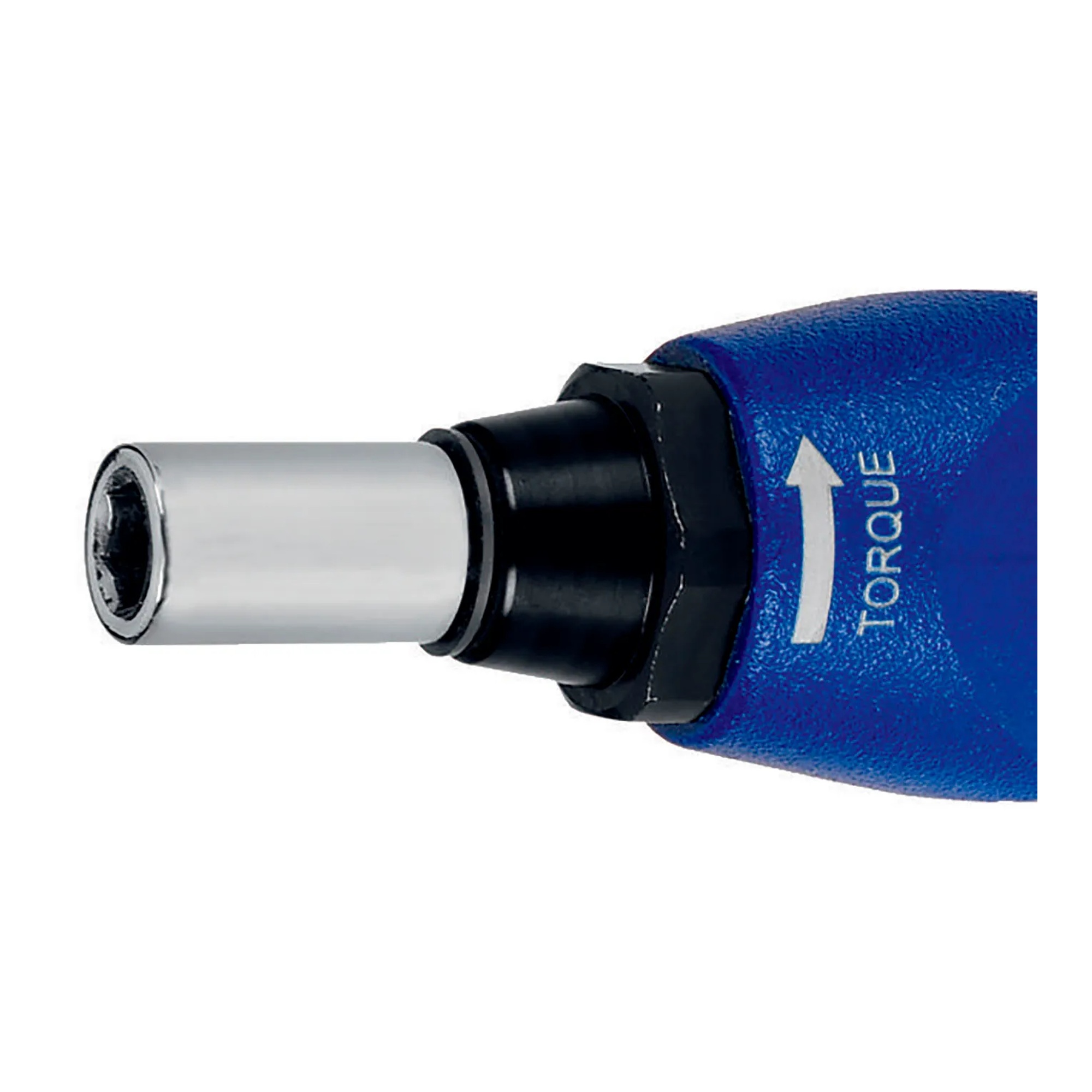 Blue single-setting torque screwdriver with comfort grip and hex bit holder
