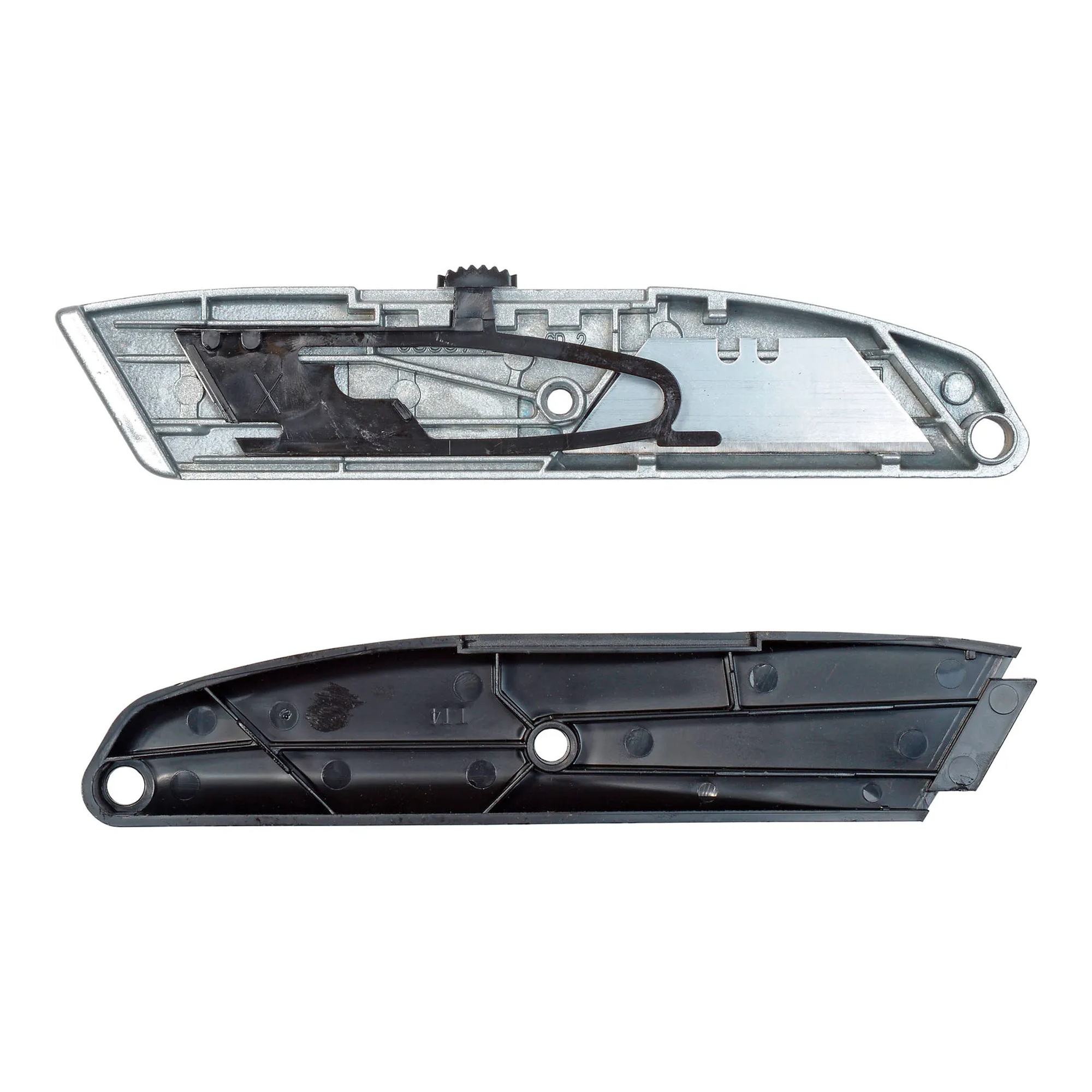 Gray plastic retractable utility knife with hang hole