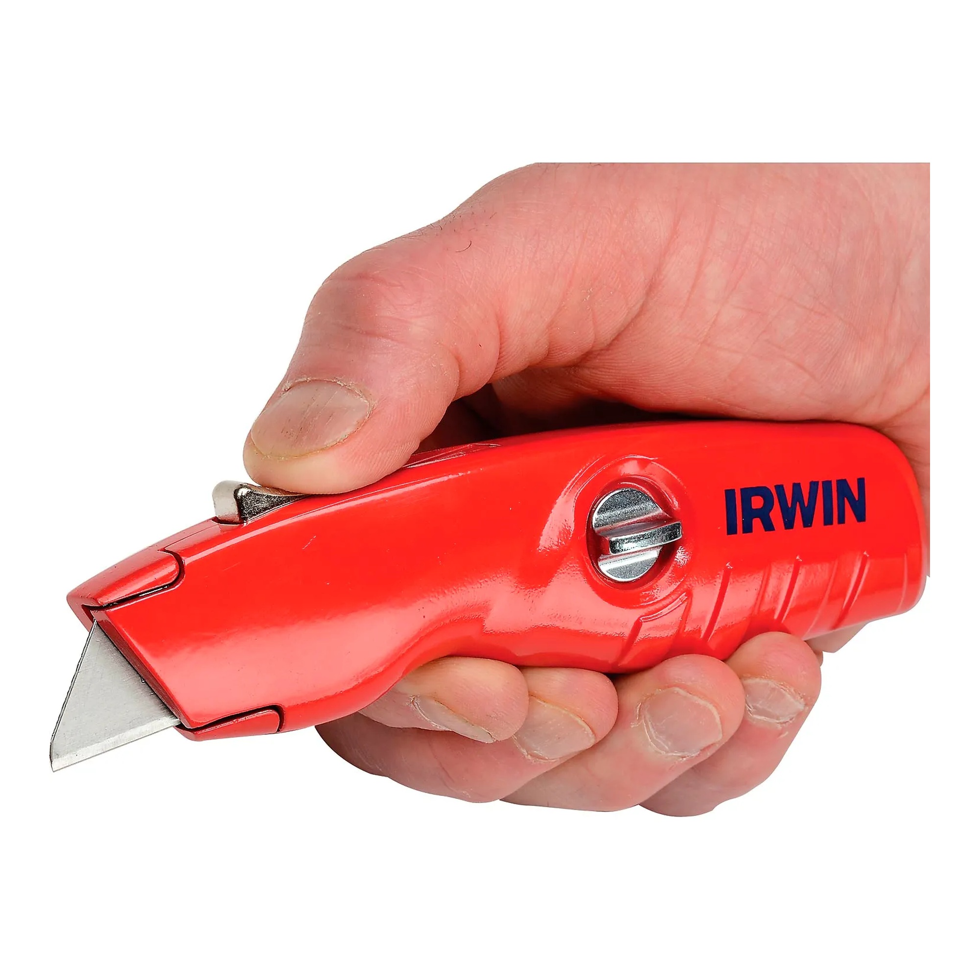 Red self-retracting safety utility knife with ergonomic no-slip handle